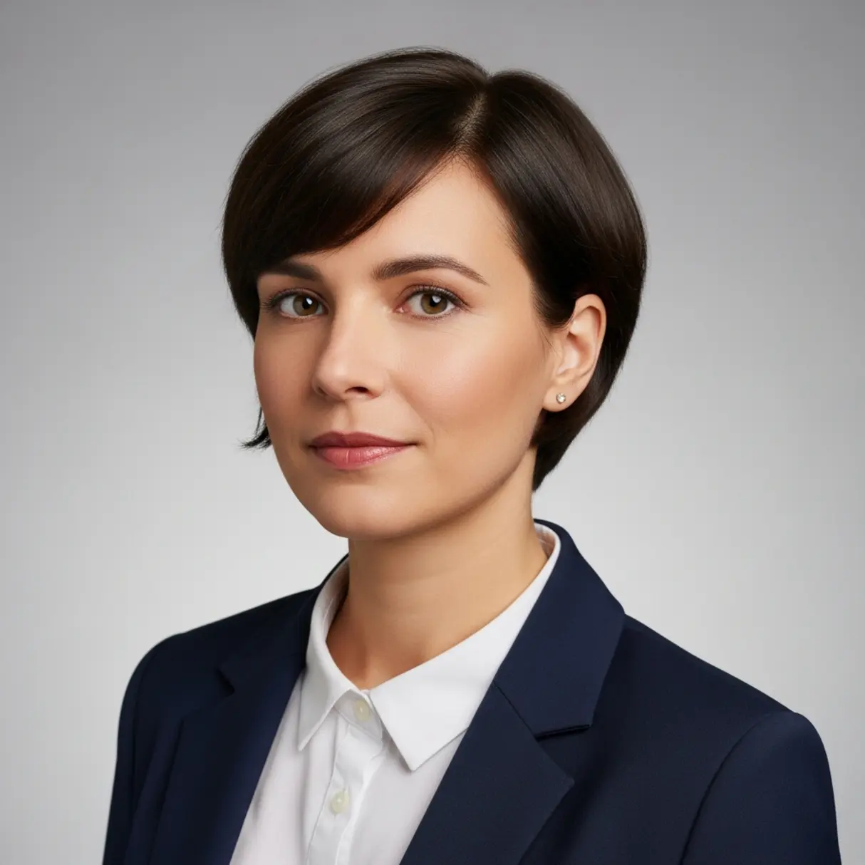 Portret kobiety w granatowym żakiecie i białej koszuli.