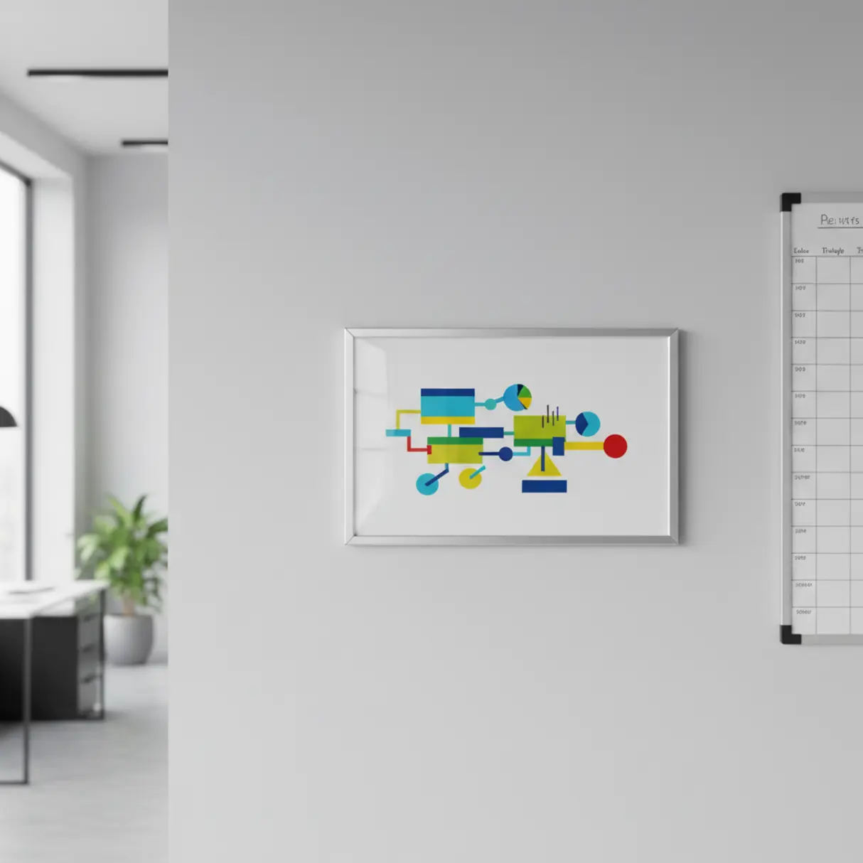 Srebrna ramka A3 z abstrakcyjnym wykresem na ścianie biura.
