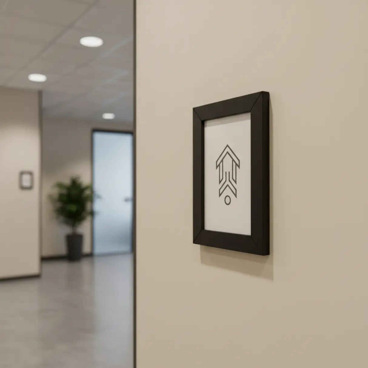 Czarna ramka informacyjna z abstrakcyjnym symbolem na beżowej ścianie w nowoczesnym korytarzu.