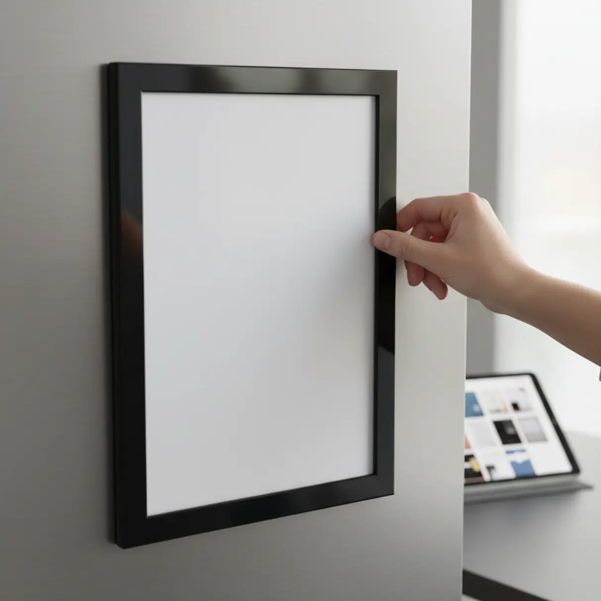 Czarna ramka magnetyczna A4 z dokumentem na metalowej ścianie, z ręką dopasowującą zawartość, tablet z szablonami w tle.