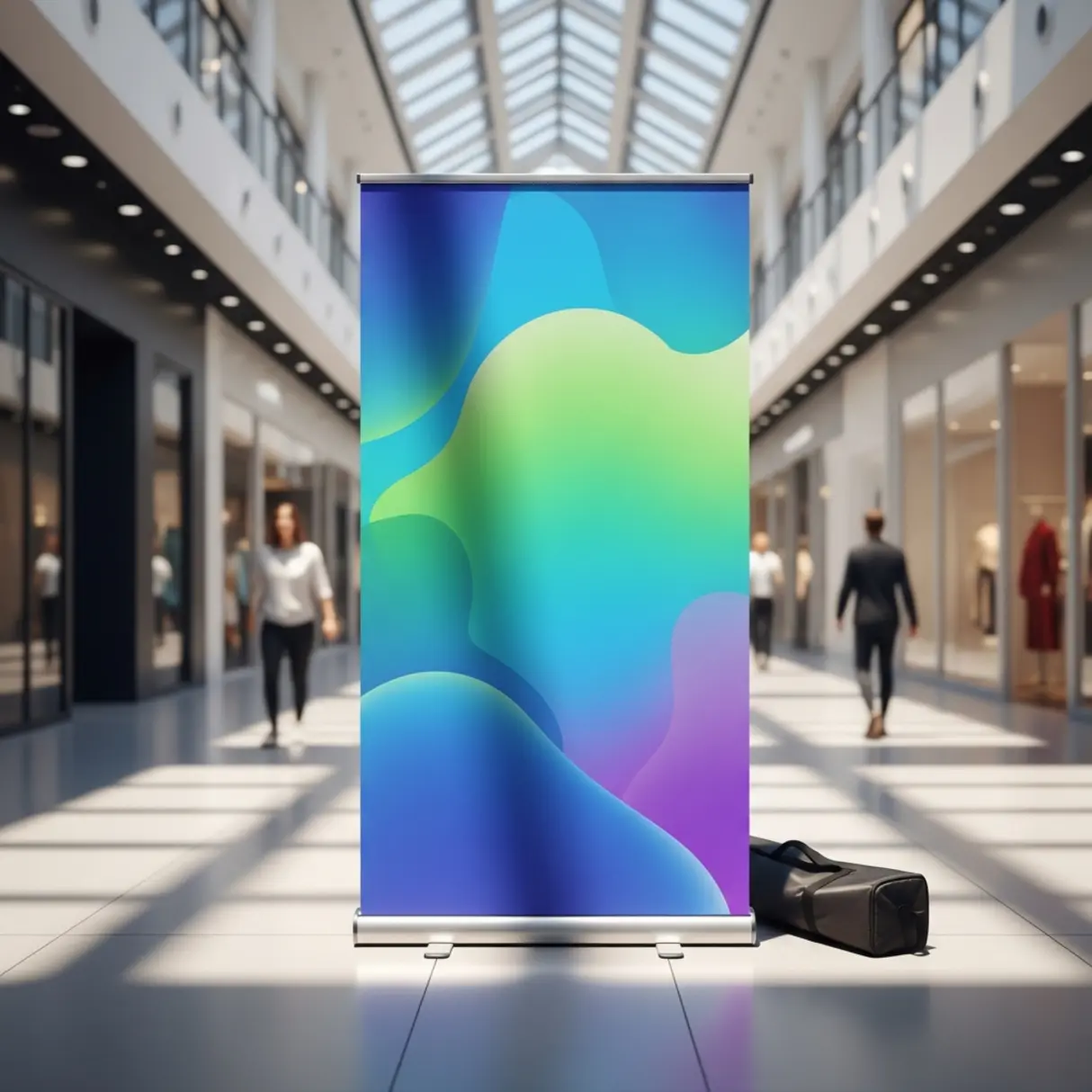 Rollup reklamowy z abstrakcyjną grafiką w galerii handlowej.