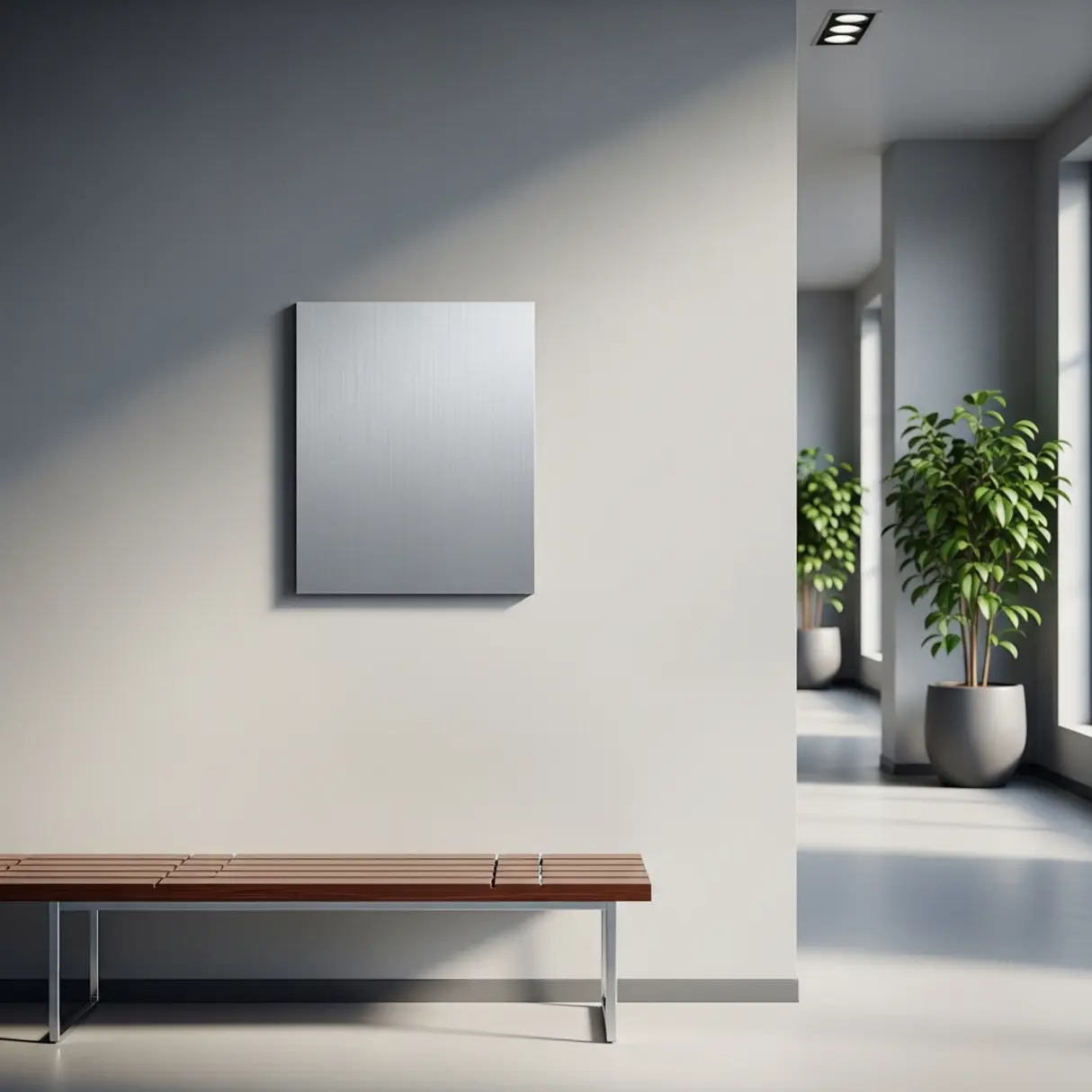 Minimalistyczna tabliczka informacyjna z szczotkowanego aluminium w nowoczesnym korytarzu biurowym.