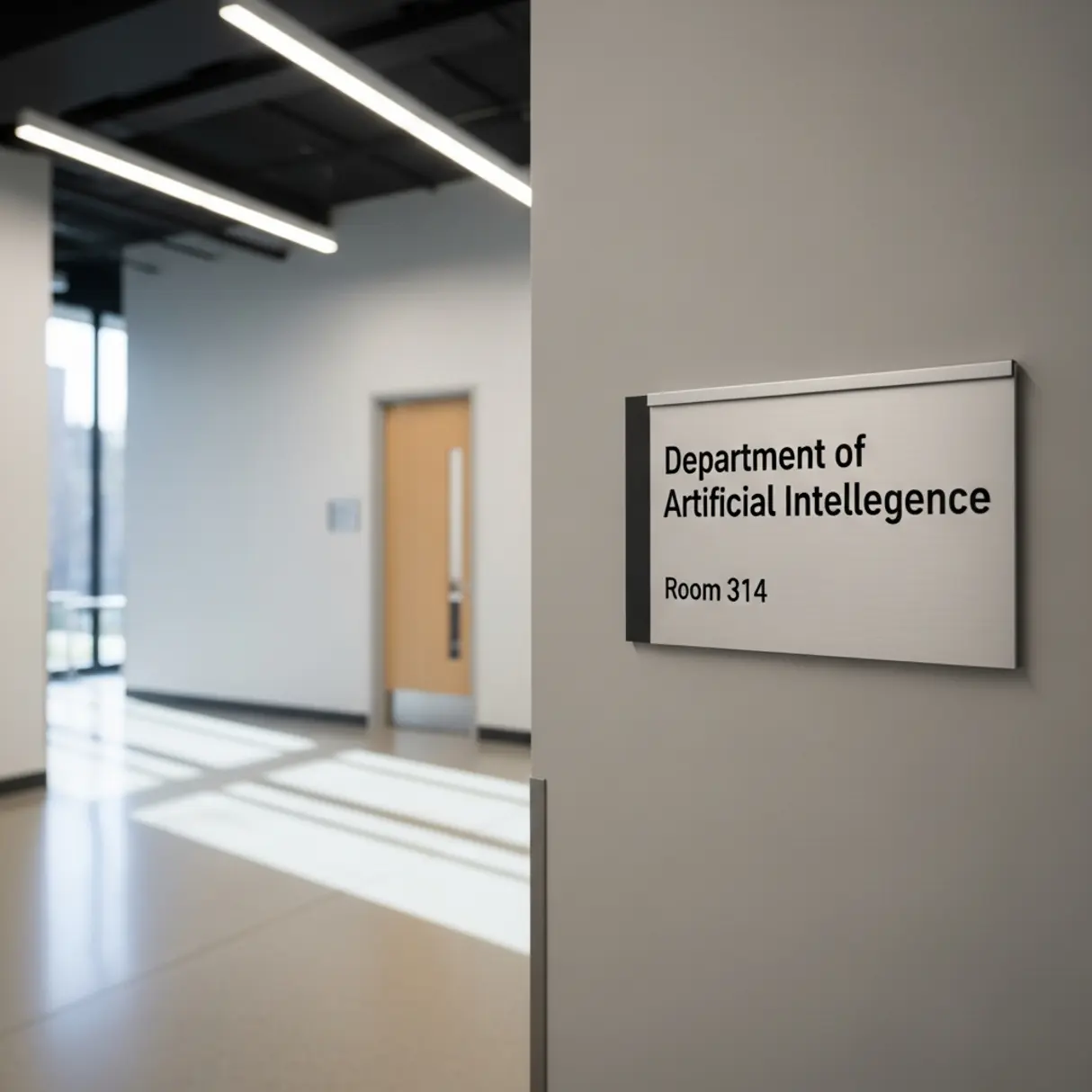 Tabliczka na drzwiach z napisem "Department of Artificial Intellegence, Room 314" w nowoczesnym budynku.