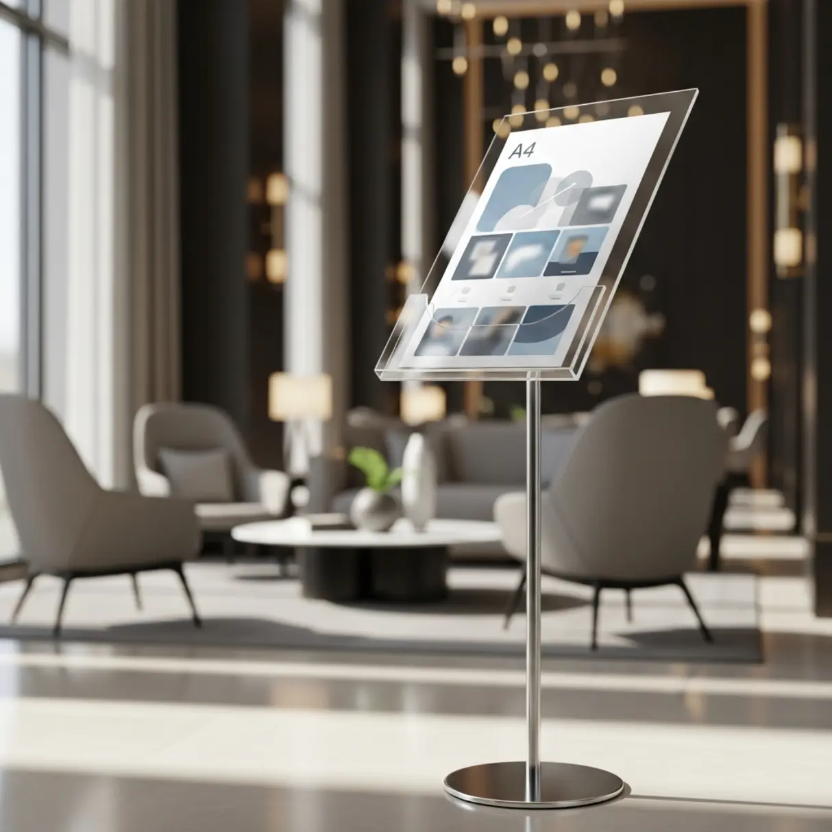 Minimalistyczny stojak informacyjny A4 w luksusowym lobby hotelowym.