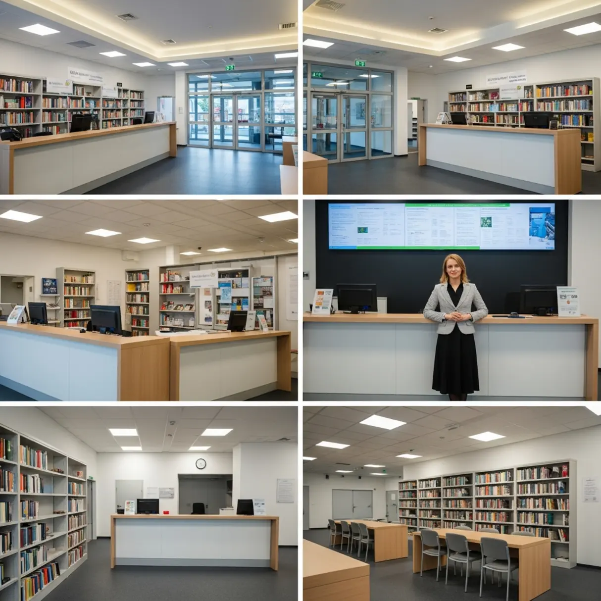 Wnętrze biblioteki z półkami książek i stanowiskiem obsługi klienta.