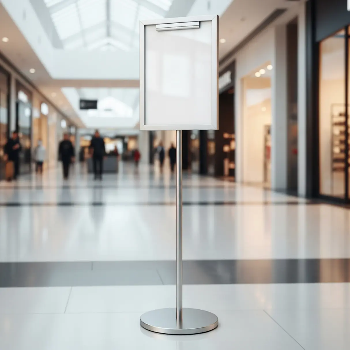 Srebrny stojak informacyjny A4 z pustą białą kartką w centrum nowoczesnej galerii handlowej.