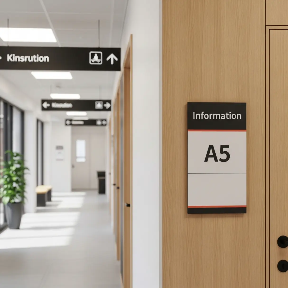 Wnętrze nowoczesnego budynku z oznakowaniem kierunkowym i tabliczką informacyjną A5 na drzwiach.