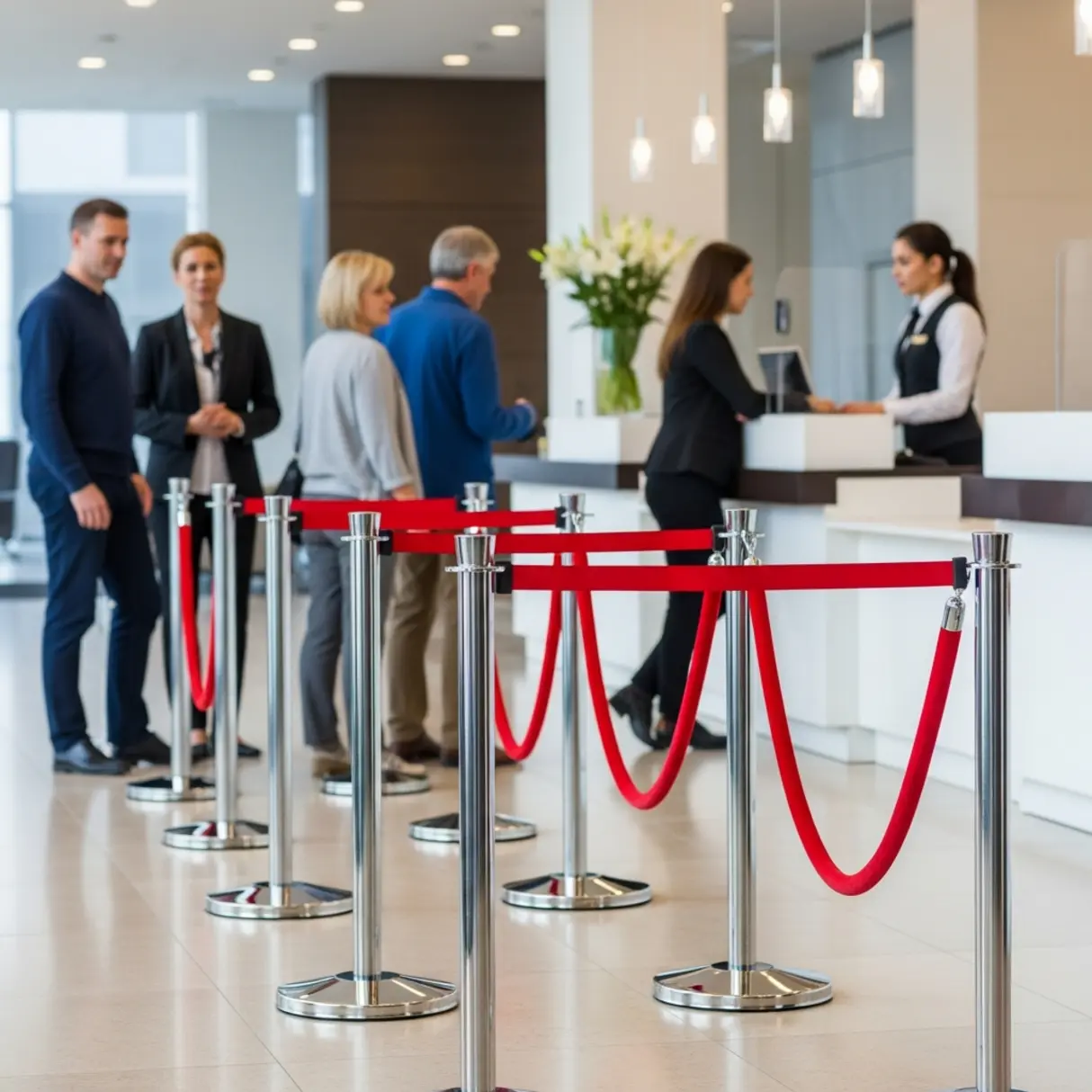 Kolejka klientów w nowoczesnym lobby hotelowym lub recepcji banku, oddzielona chromowanymi słupkami z czerwonymi pasami.