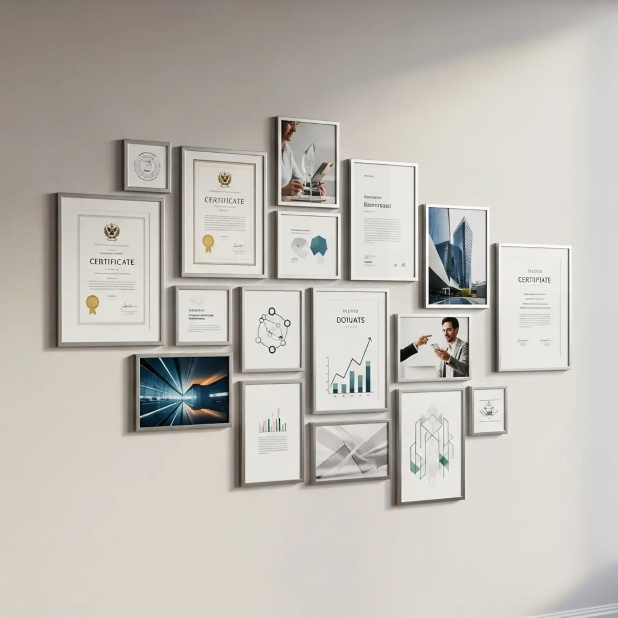 Ściana biura z galerią srebrnych ramek zawierających certyfikaty, zdjęcia i ilustracje.