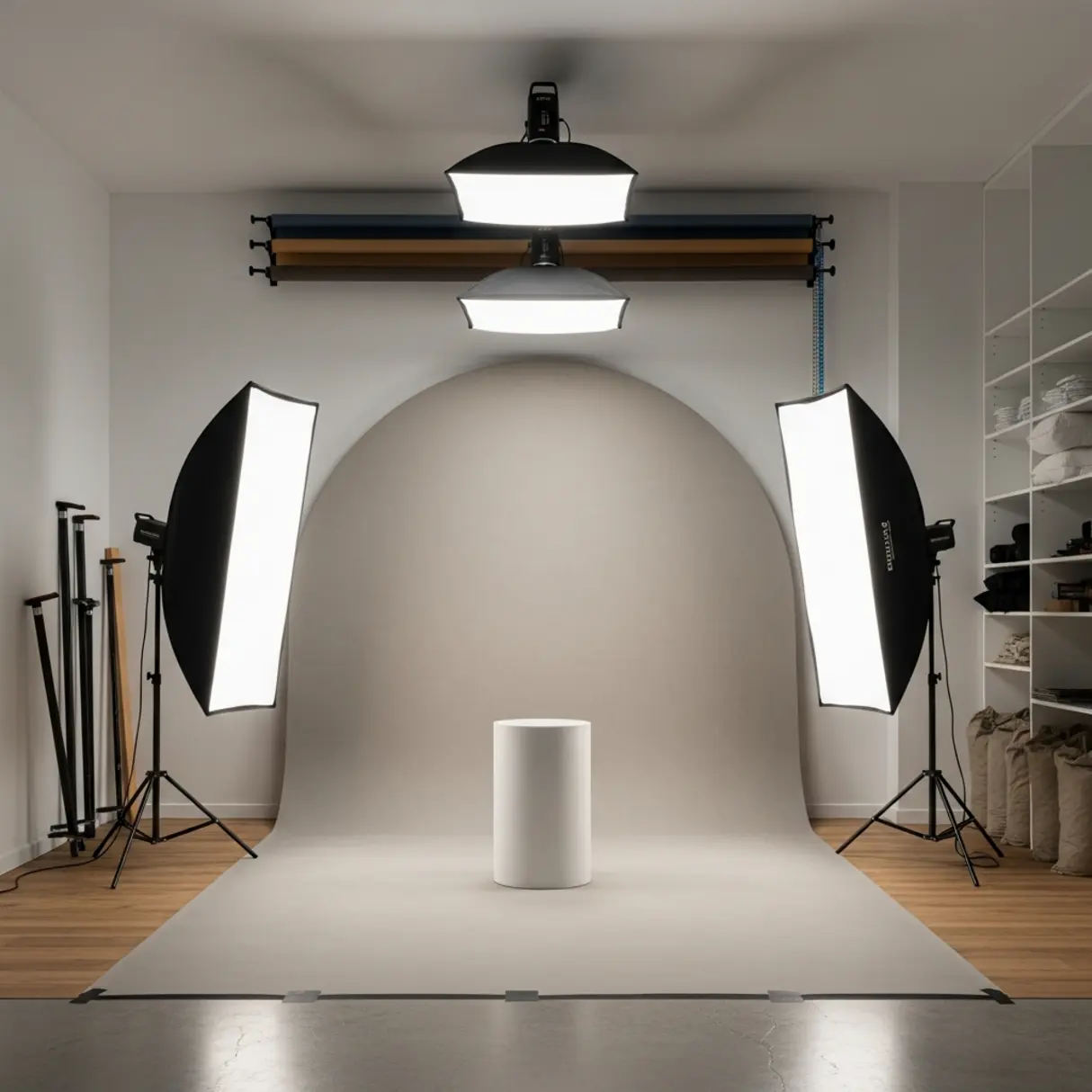 Profesjonalne studio fotograficzne z tekstylnym tłem w kształcie łuku, lampami studyjnymi i białym cylindrem.