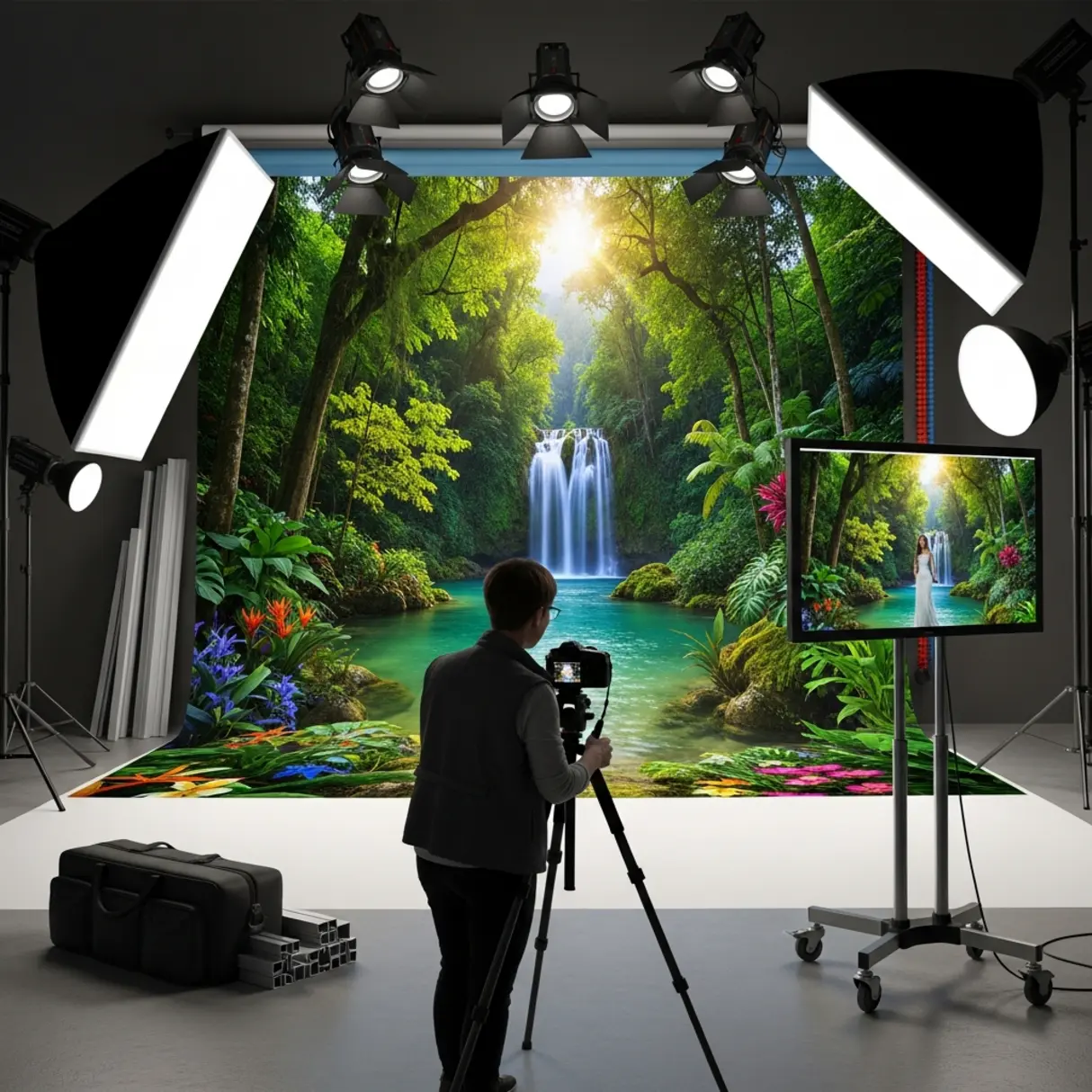 Fotografia studia z tłem przedstawiającym wodospad w tropikalnym lesie, oświetlonym przez lampy studyjne, z fotografem pracującym nad zdjęciem.