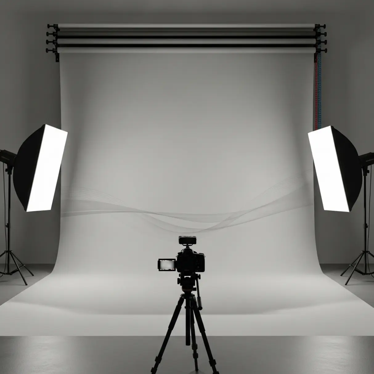 Profesjonalne studio fotograficzne z kamerą na statywie, szarym tłem i oświetleniem.