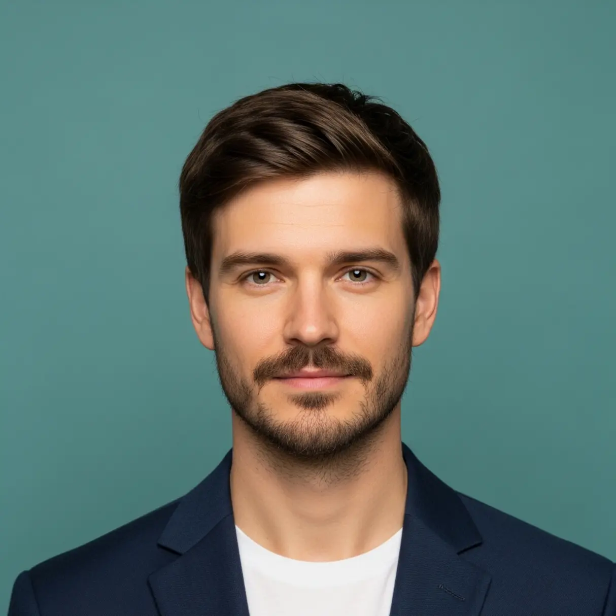 Portret mężczyzny w garniturze na tle jednolitego koloru.