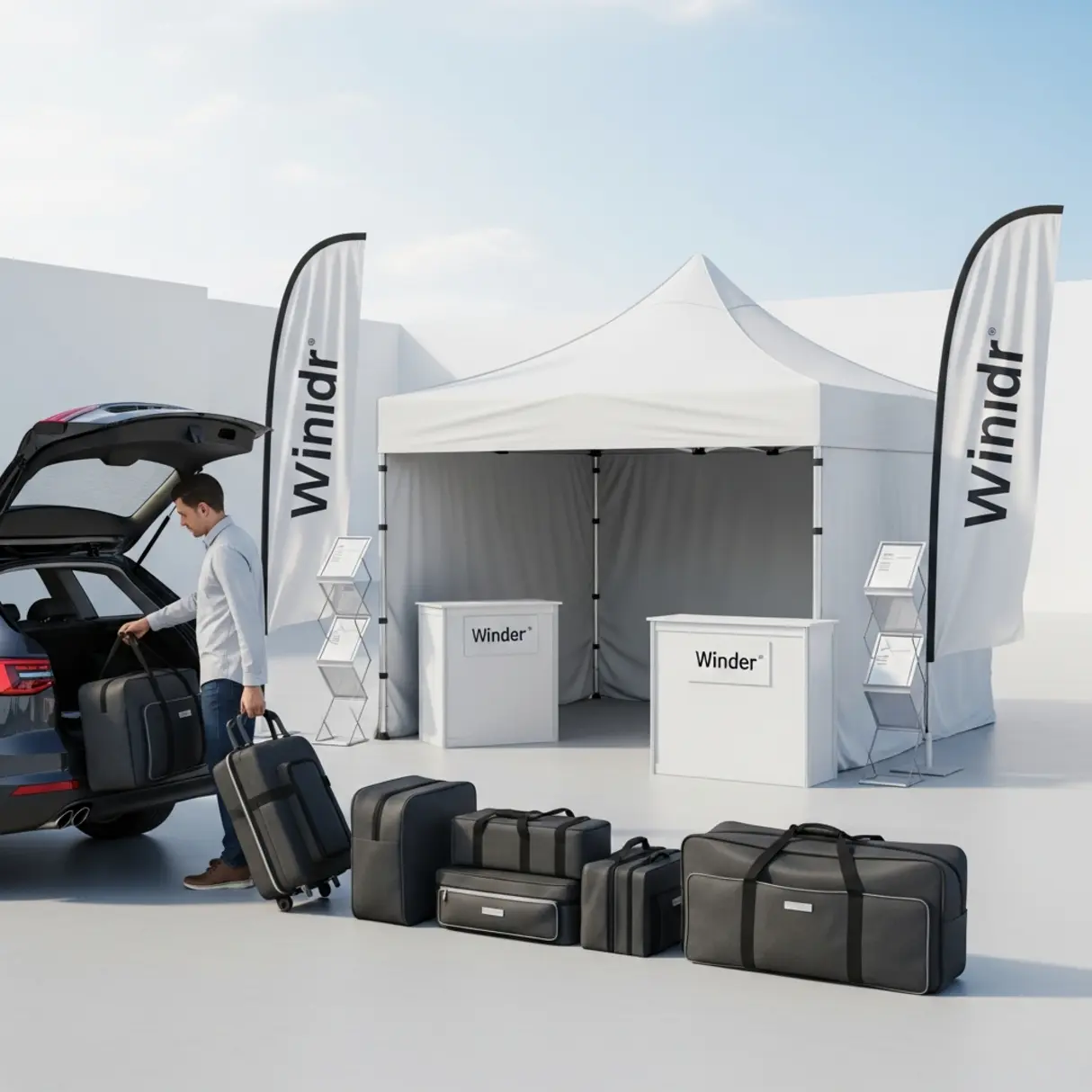 Modułowy system wystawienniczy z namiotem 3x3m, flagami typu winder, ladą eventową i torbami transportowymi przy samochodzie osobowym.