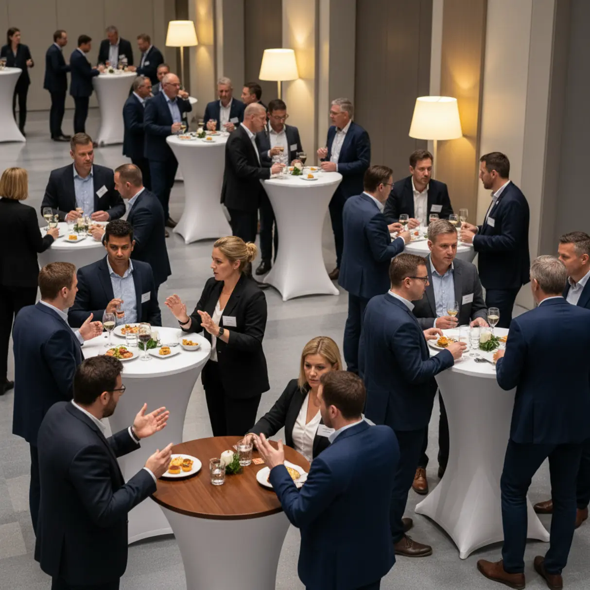 Networking, profesjonalne spotkanie biznesowe z ludźmi w garniturach i przy stolikach koktajlowych.