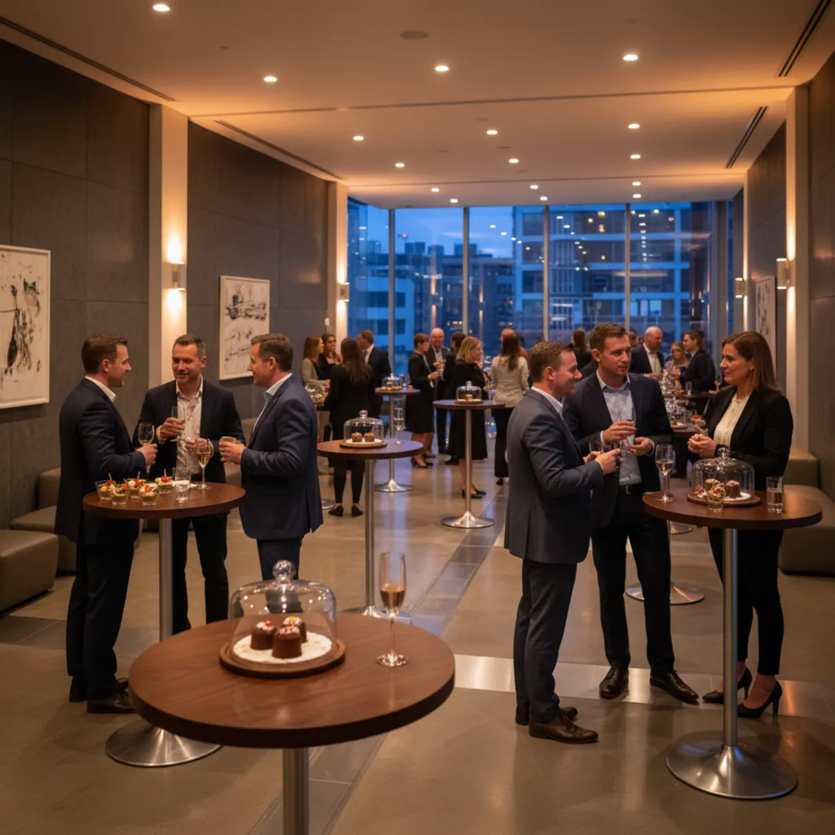 Networking biznesowe: ludzie rozmawiający przy stolikach z przekąskami.