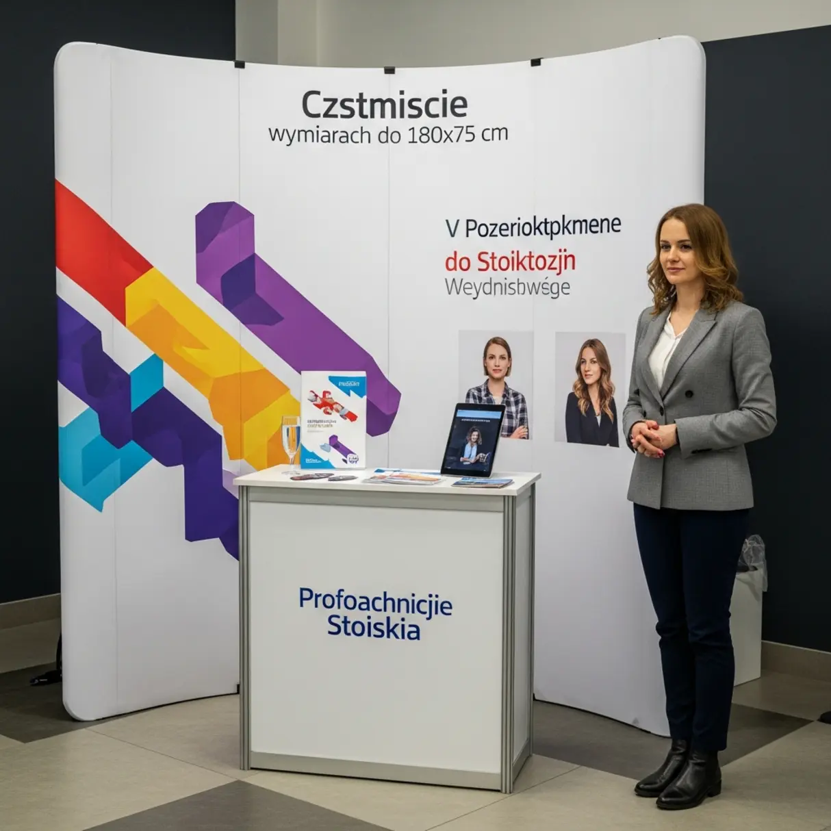 Kobieta stojąca za stoiskiem promocyjnym na tle ścianki reklamowej.