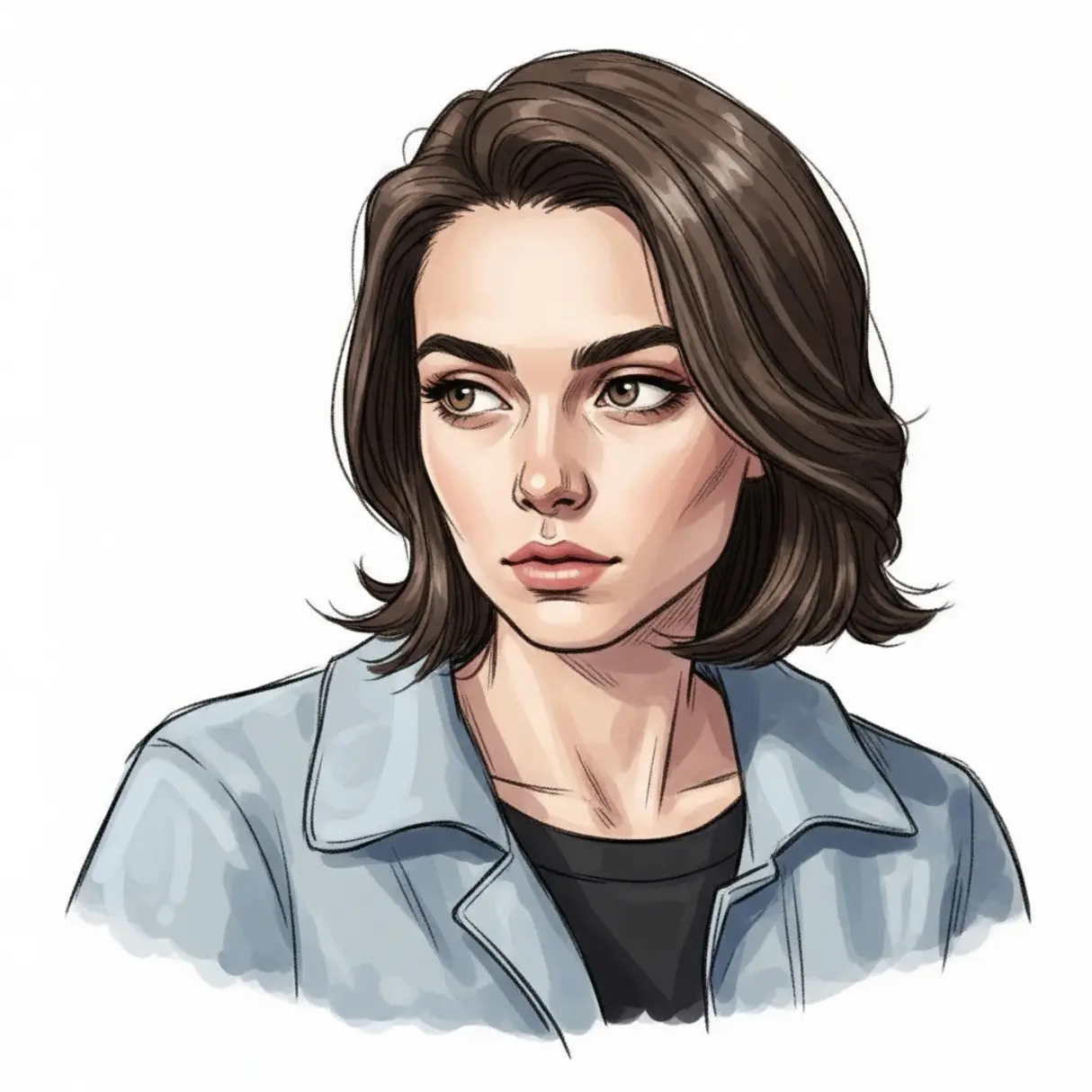 Ilustracja kobiety z brązowymi włosami i oczami, ubranej w niebieską kurtkę.