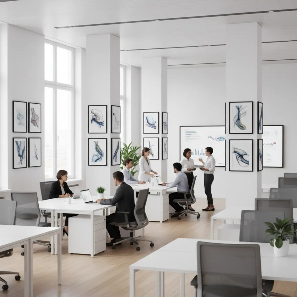 Jasne, oto opis alternatywny zdjęcia: Wnętrze nowoczesnego biura open space z pracownikami podczas pracy zespołowej i abstrakcyjnymi grafikami w czarnych ramkach na ścianach.