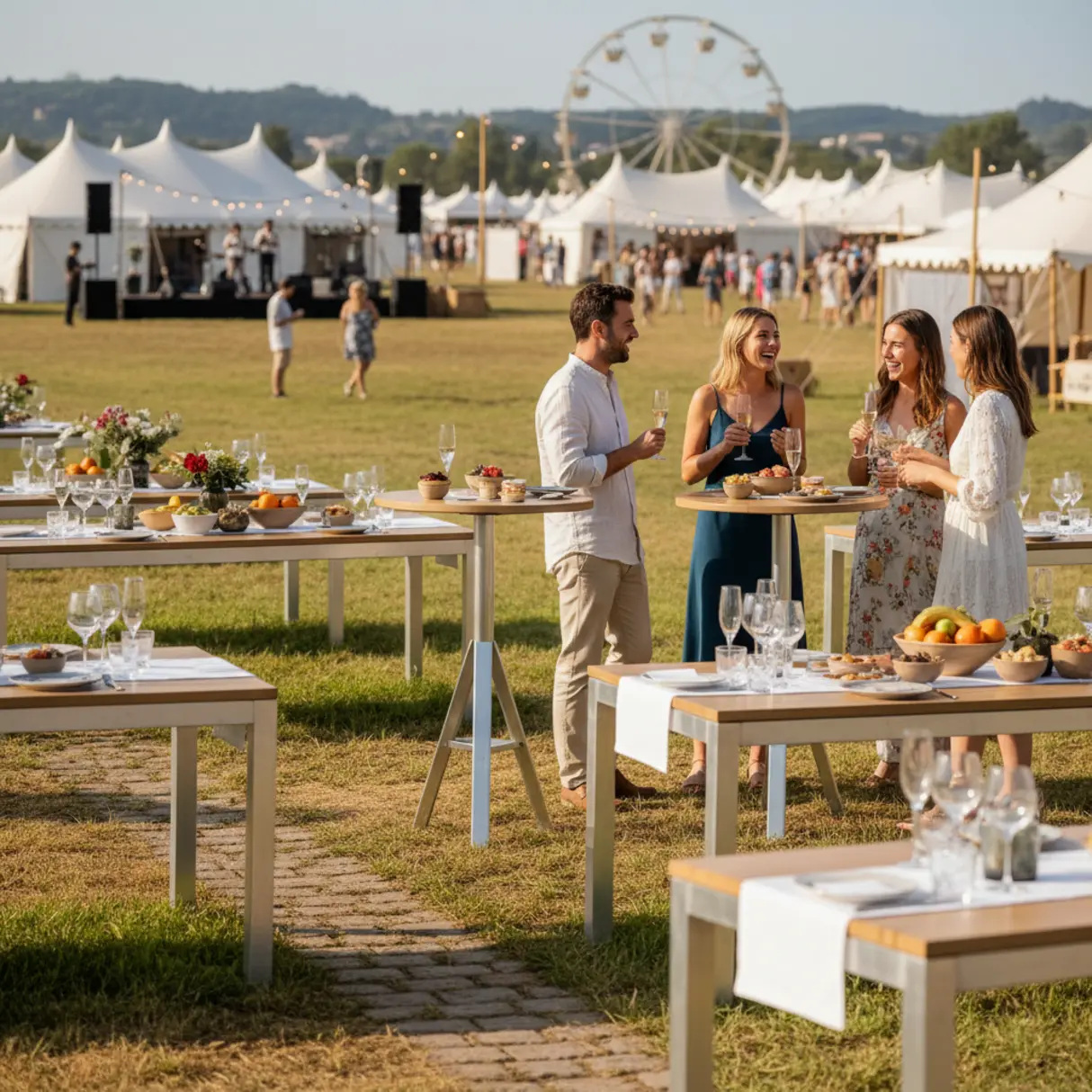 Elegancko urządzone stoły na trawniku podczas plenerowej imprezy z rozmytym tłem festiwalowym i diabelskim młynem.