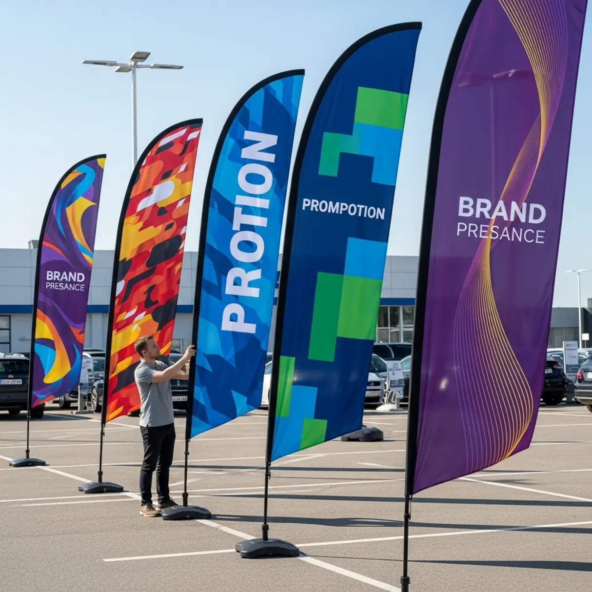 Rząd kolorowych flag reklamowych na parkingu, z mężczyzną ustawiającym jedną z nich.
