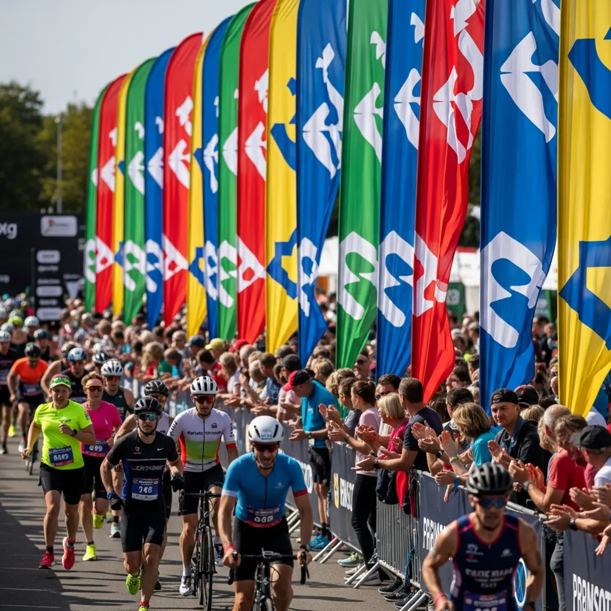 Zawody sportowe na świeżym powietrzu, biegacze i rowerzyści na trasie, kolorowe flagi sponsorskie, kibice dopingujący.