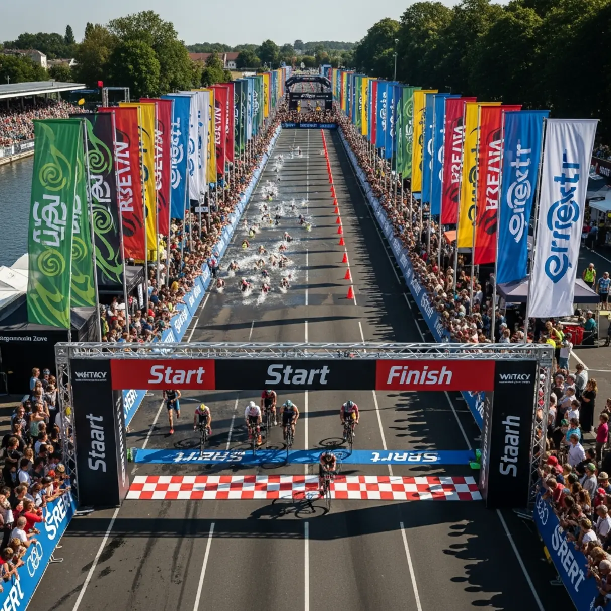 Widok z góry na triathlon z metą, zawodnikami i tłumem kibiców, otoczony kolorowymi flagami reklamowymi.