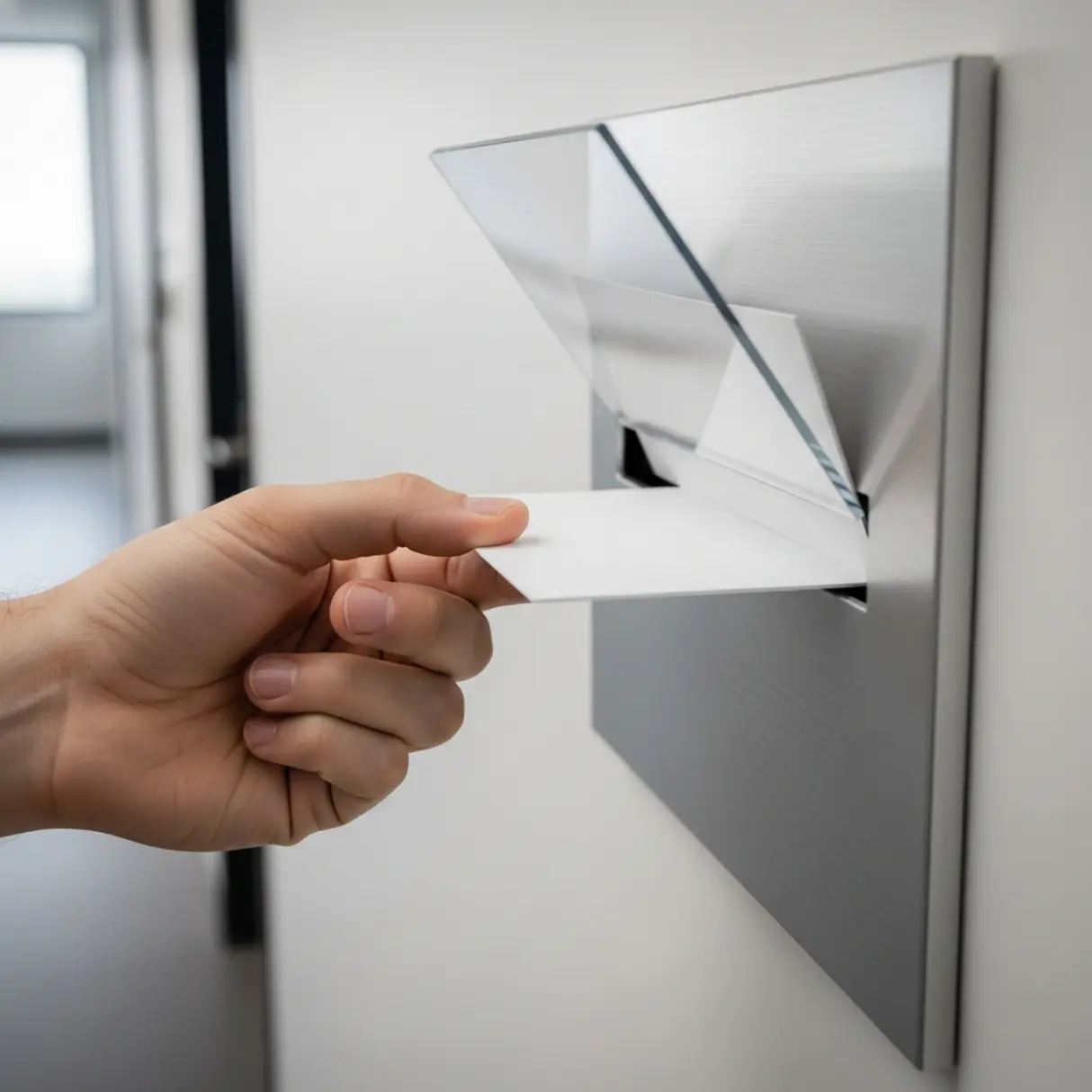 Dłoń wsuwająca białą kartkę do aluminiowej tabliczki informacyjnej na ścianie w nowoczesnym biurze.