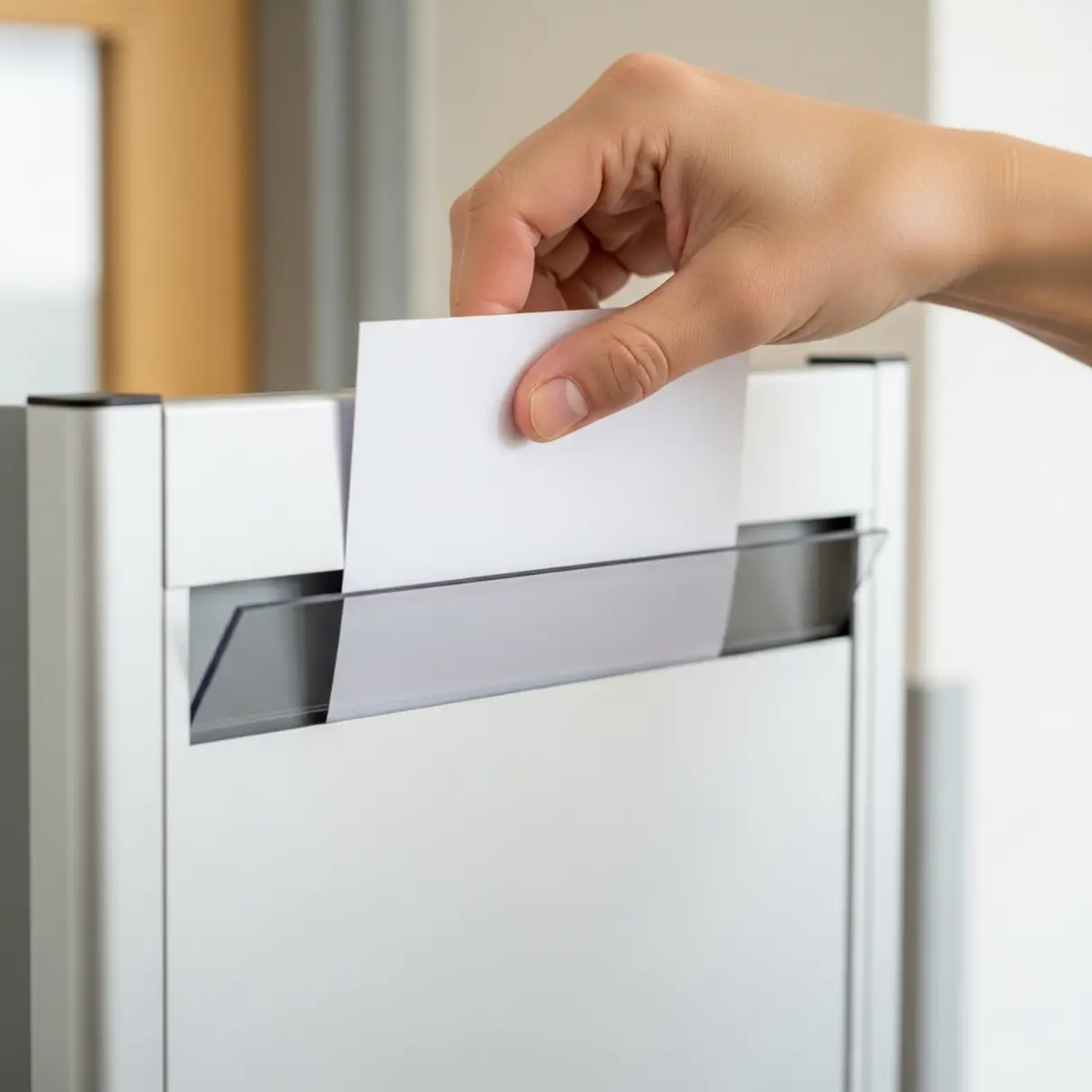 Ręka wsuwająca czystą kartkę do aluminiowej tablicy informacyjnej.