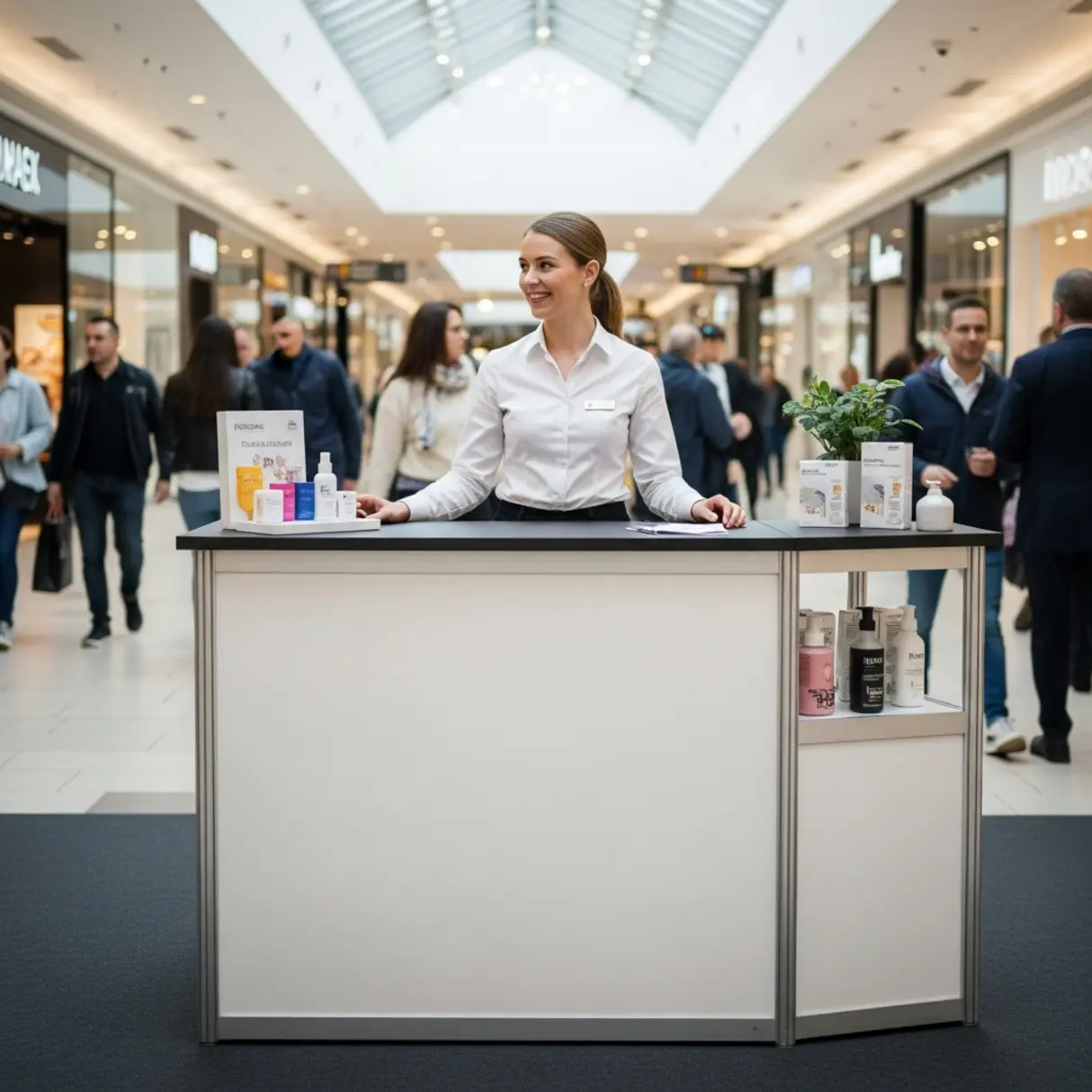 Zdjęcie lady promocyjnej w centrum handlowym z ambasadorką marki rozmawiającą z klientem.