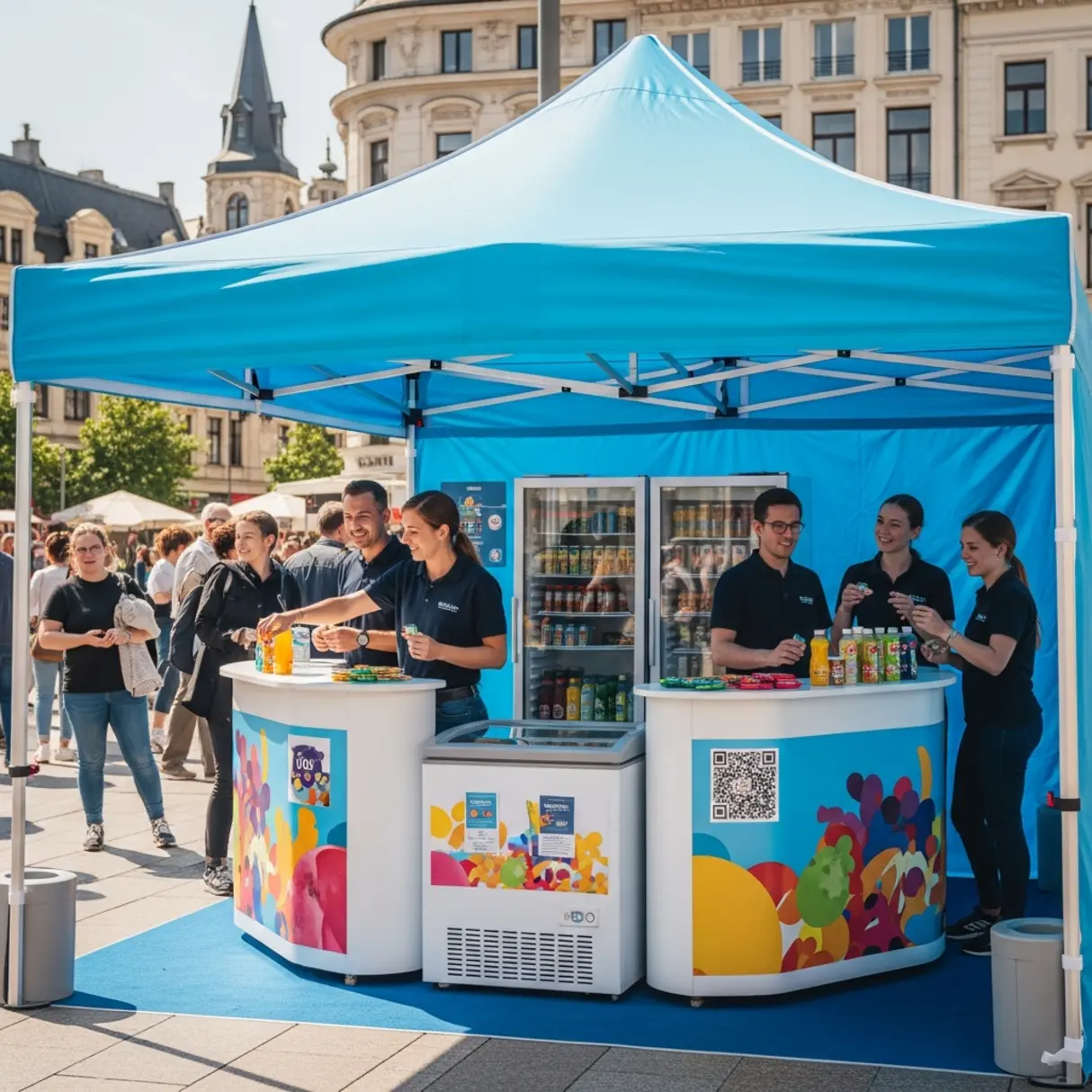 Pop-up namiot reklamowy z hostessami oferującymi próbki produktów na placu miejskim.