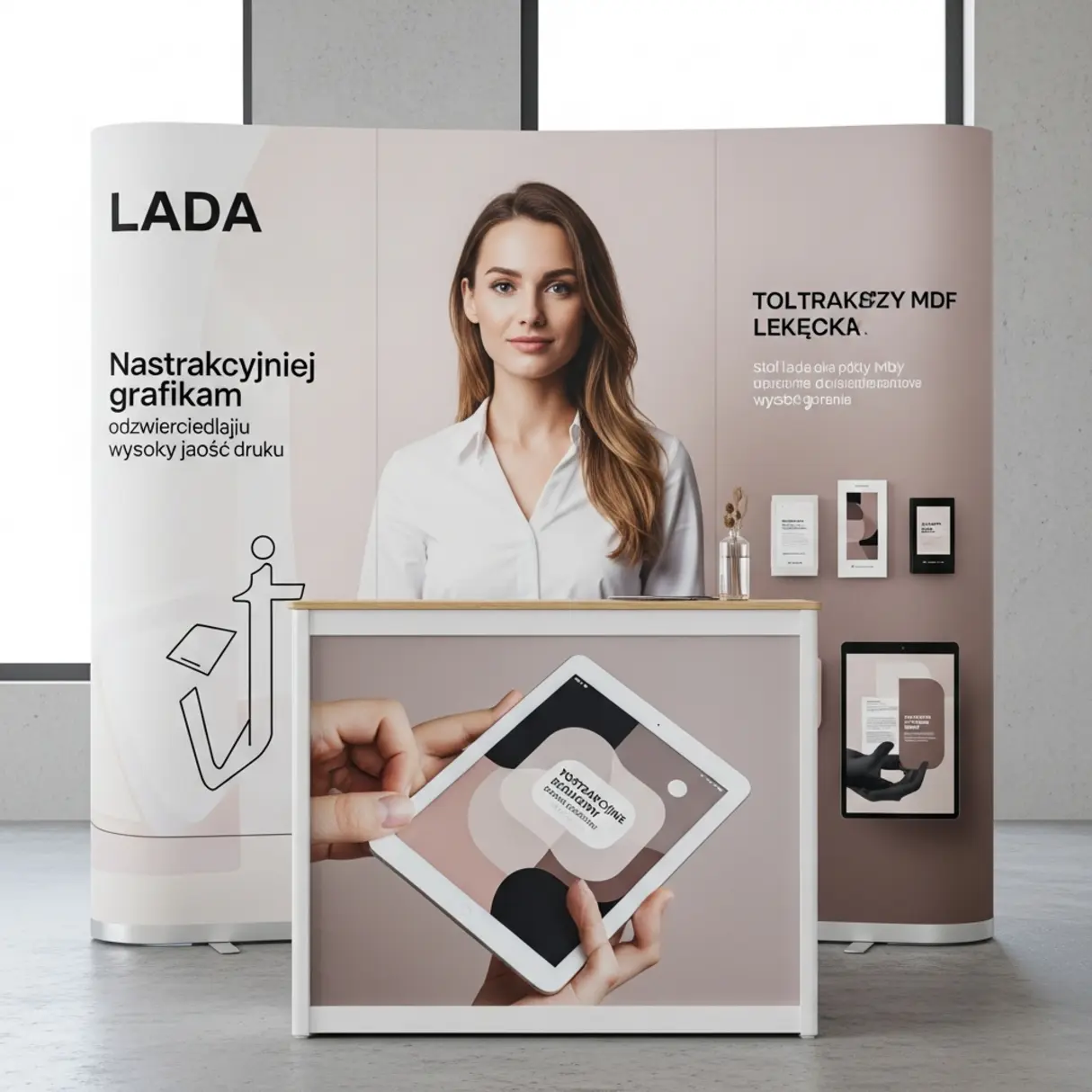 Elegancka lada promocyjna z grafiką i tabletem na targach.