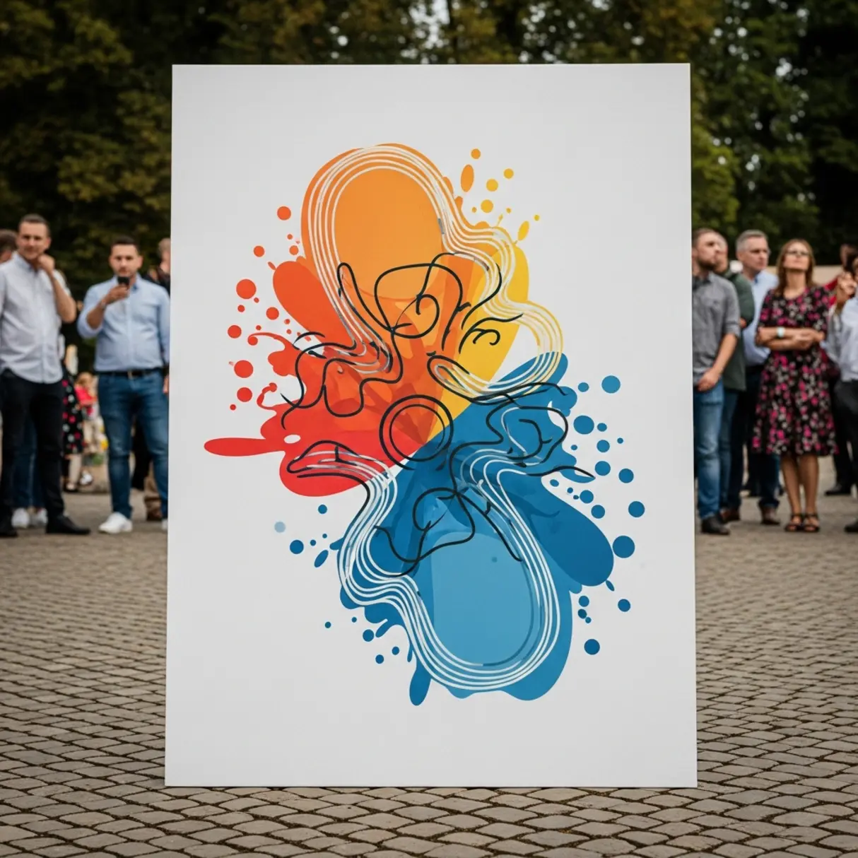 Duża grafika z abstrakcyjnym wzorem w kolorach pomarańczowym, czerwonym i niebieskim na tle stojącego tłumu ludzi.