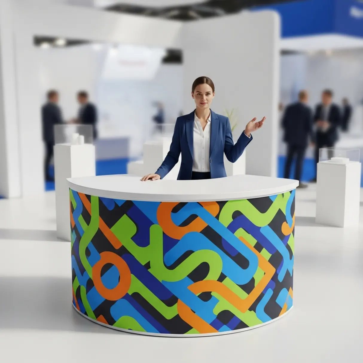 Stoisko targowe z grafiką i osobą prezentującą produkt.