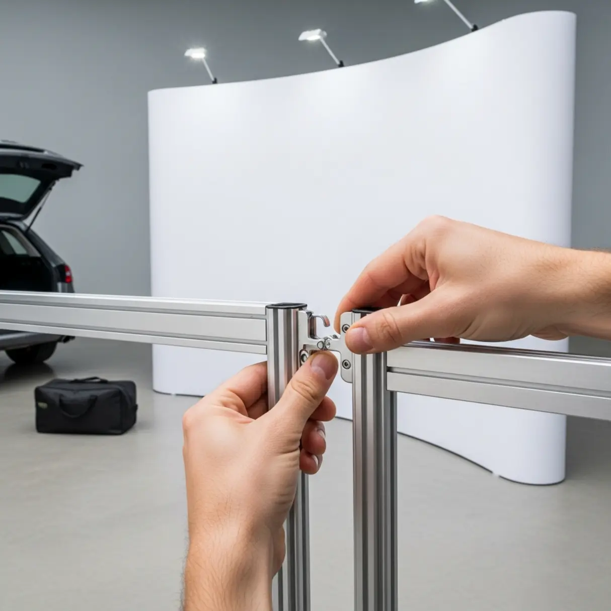 Osoba montuje przenośną ściankę reklamową z aluminiowych profili i białego materiału. W tle widoczna torba transportowa i samochód.