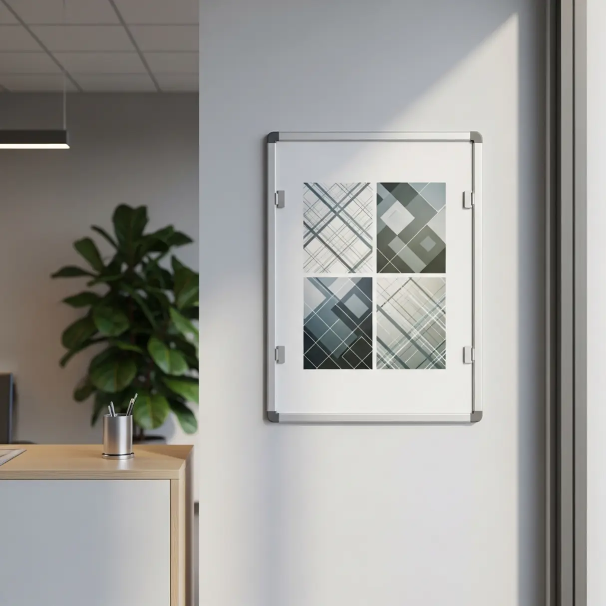 Plakat w ramie OWZ z abstrakcyjną grafiką w nowoczesnym wnętrzu.