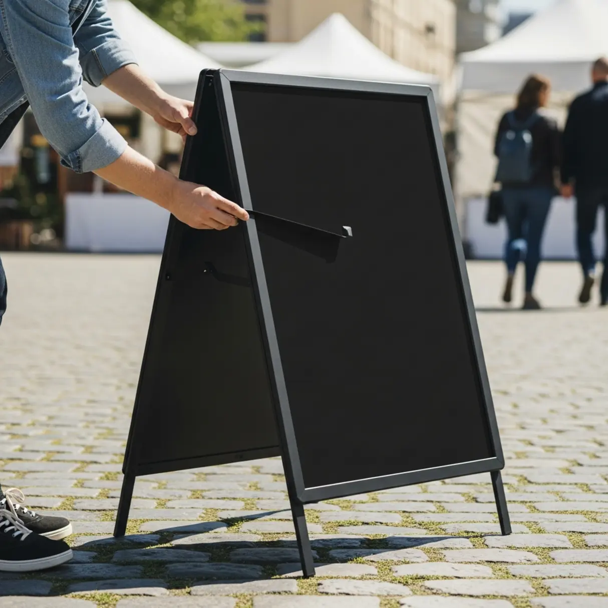 Czarny potykacz reklamowy typu A-frame z systemem zatrzaskowym OWZ, otwierany przez dłonie w plenerze.