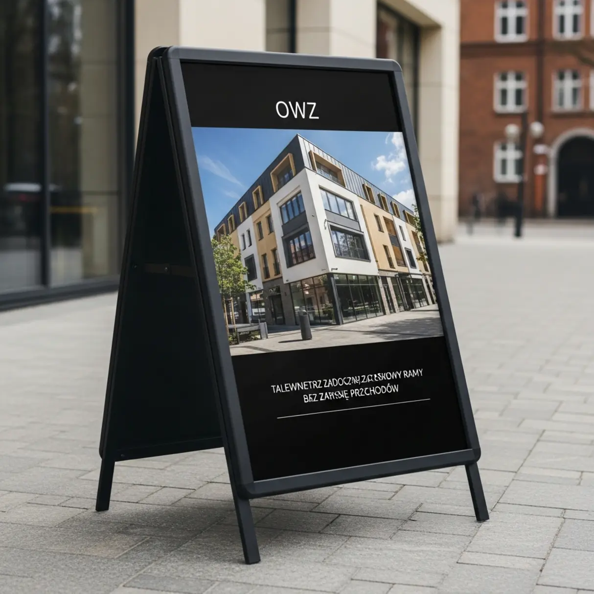 Czarny potykacz reklamowy A-frame z pustą białą kartką w ramie OWZ przed restauracją.