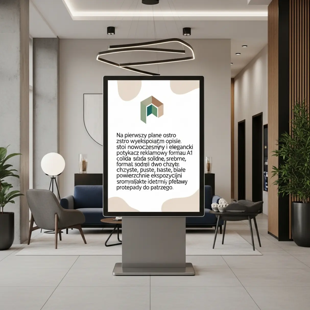 Nowoczesny potykacz reklamowy A1 ze srebrną ramą w eleganckim lobby.