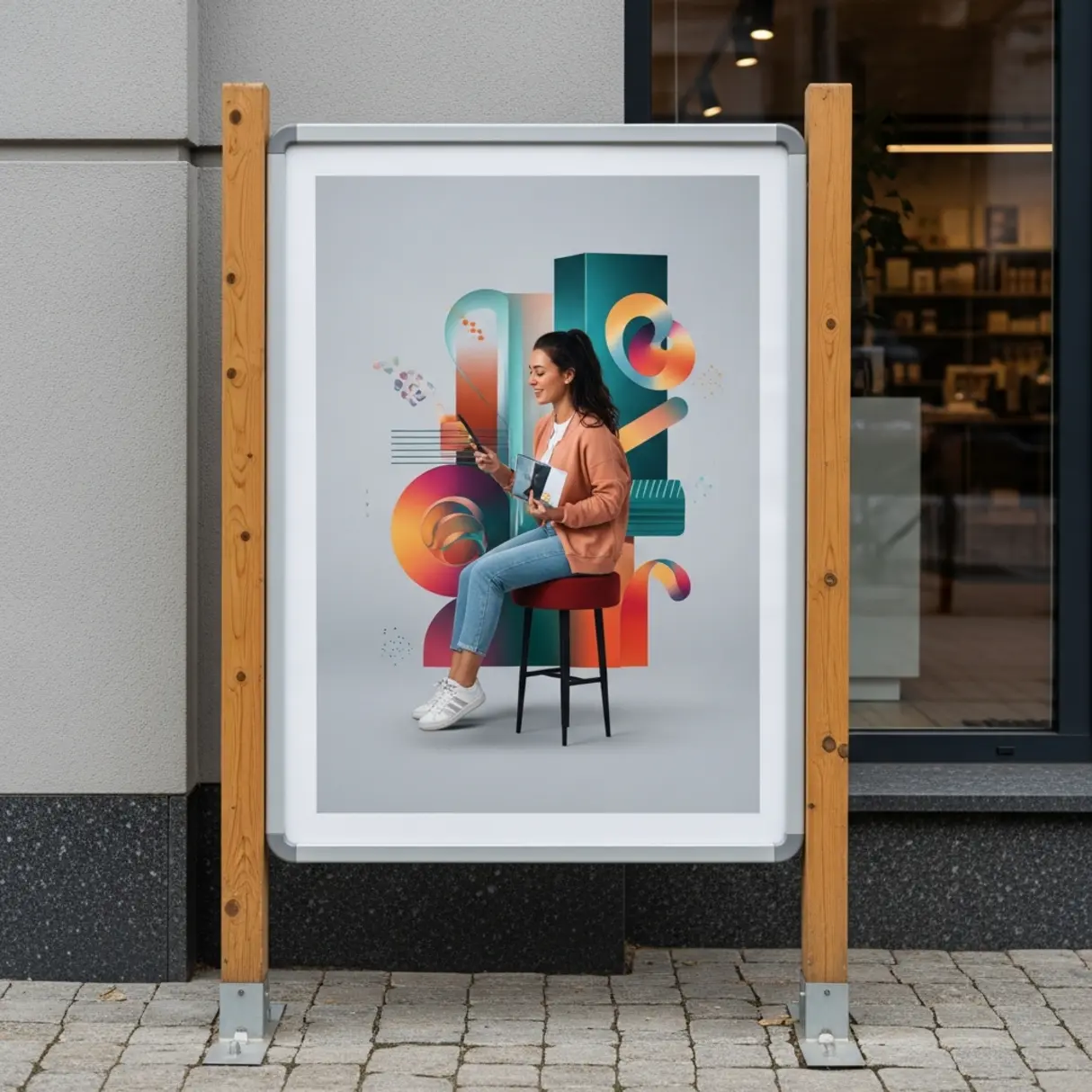 Nowoczesny potykacz reklamowy A2 z abstrakcyjną grafiką przed wejściem do sklepu.