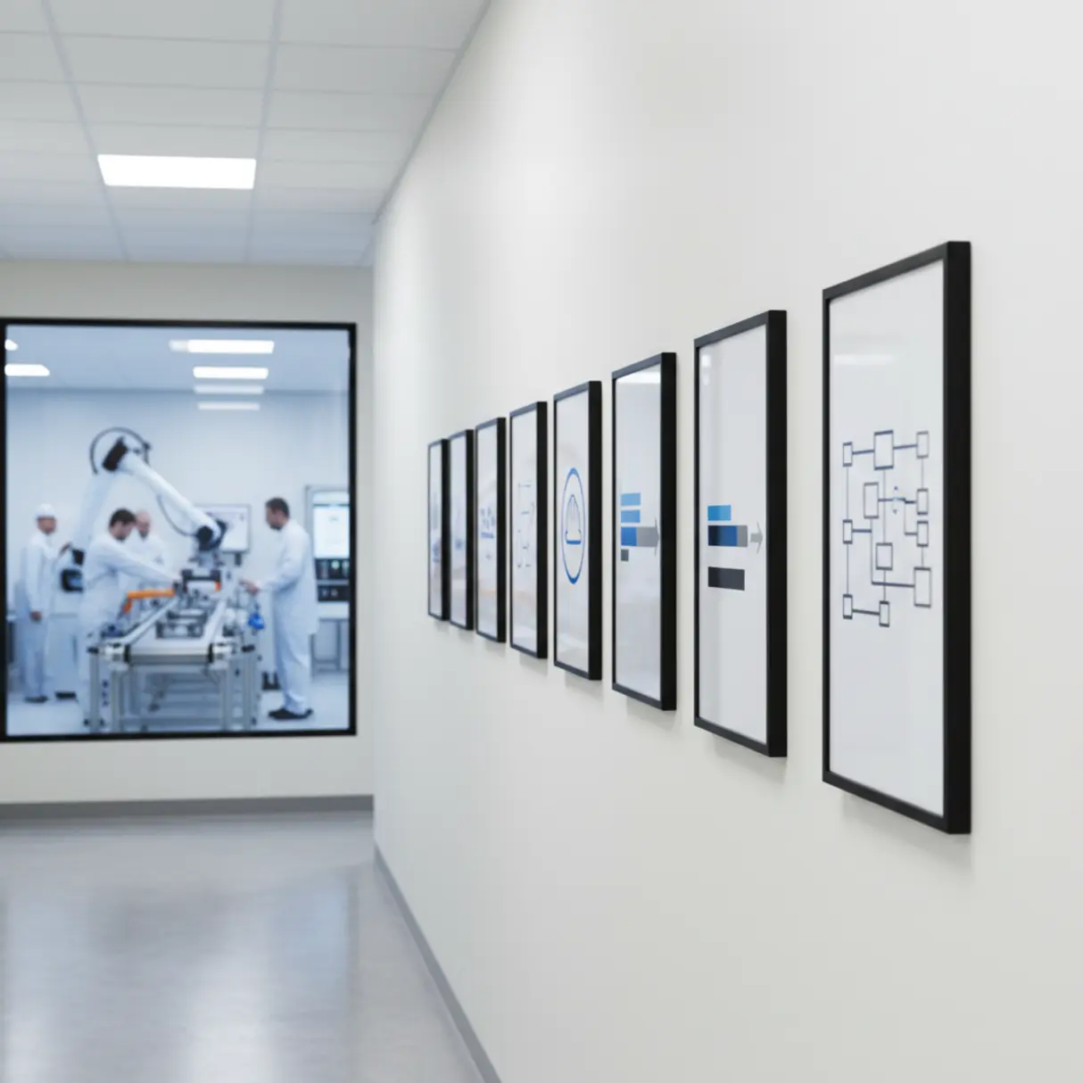 Korytarz nowoczesnej hali produkcyjnej z grafikami informacyjnymi w czarnych ramkach na ścianie i widokiem na salę produkcyjną z robotami i pracownikami w tle.