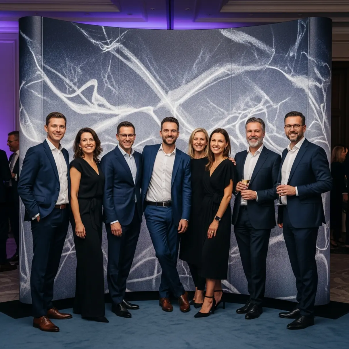 Grupa elegancko ubranych osób pozuje na tle abstrakcyjnej ścianki podczas wydarzenia firmowego.