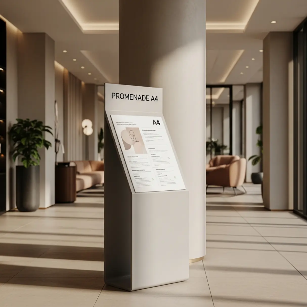Elegancki stojak informacyjny PROMENADE A4 w nowoczesnym lobby hotelu.