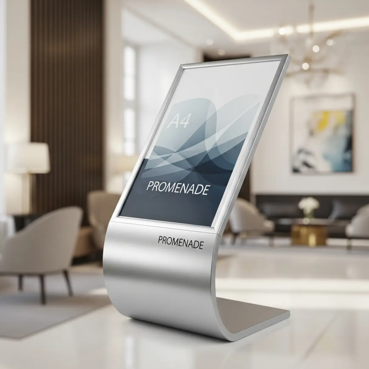 Elegancki srebrny stojak informacyjny PROMENADE z ramką A4 w nowoczesnym wnętrzu.