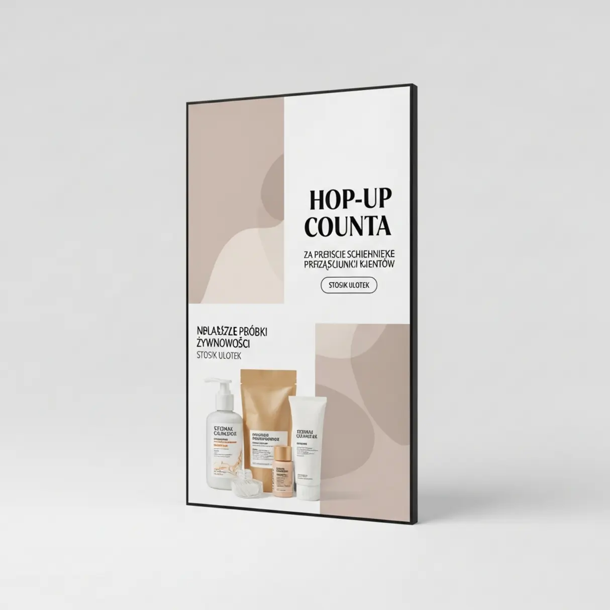 Grafika stoiska promocyjnego Hop-Up Counta z próbkami produktów i ulotkami.