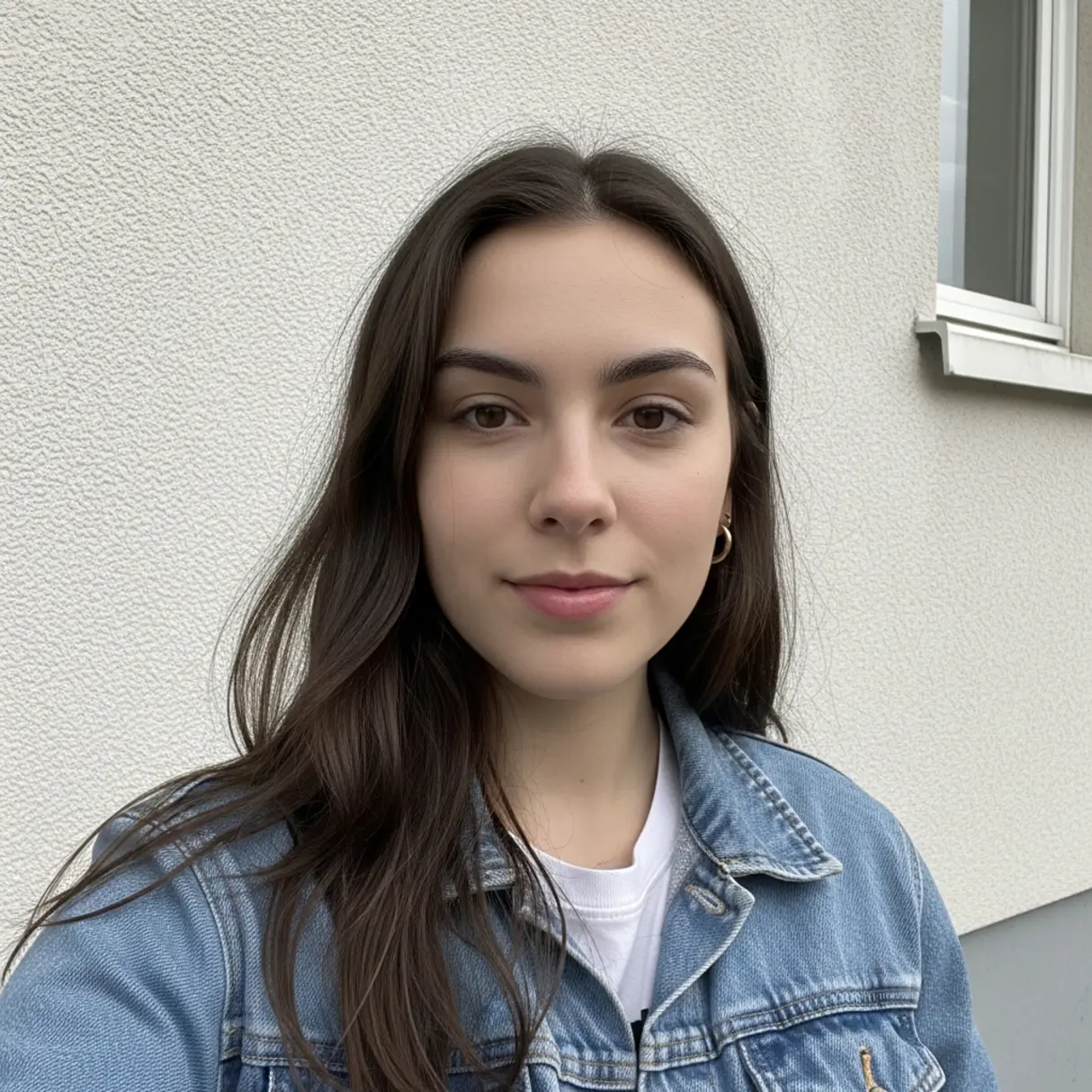 Portret młodej kobiety w dżinsowej kurtce stojącej na zewnątrz budynku.