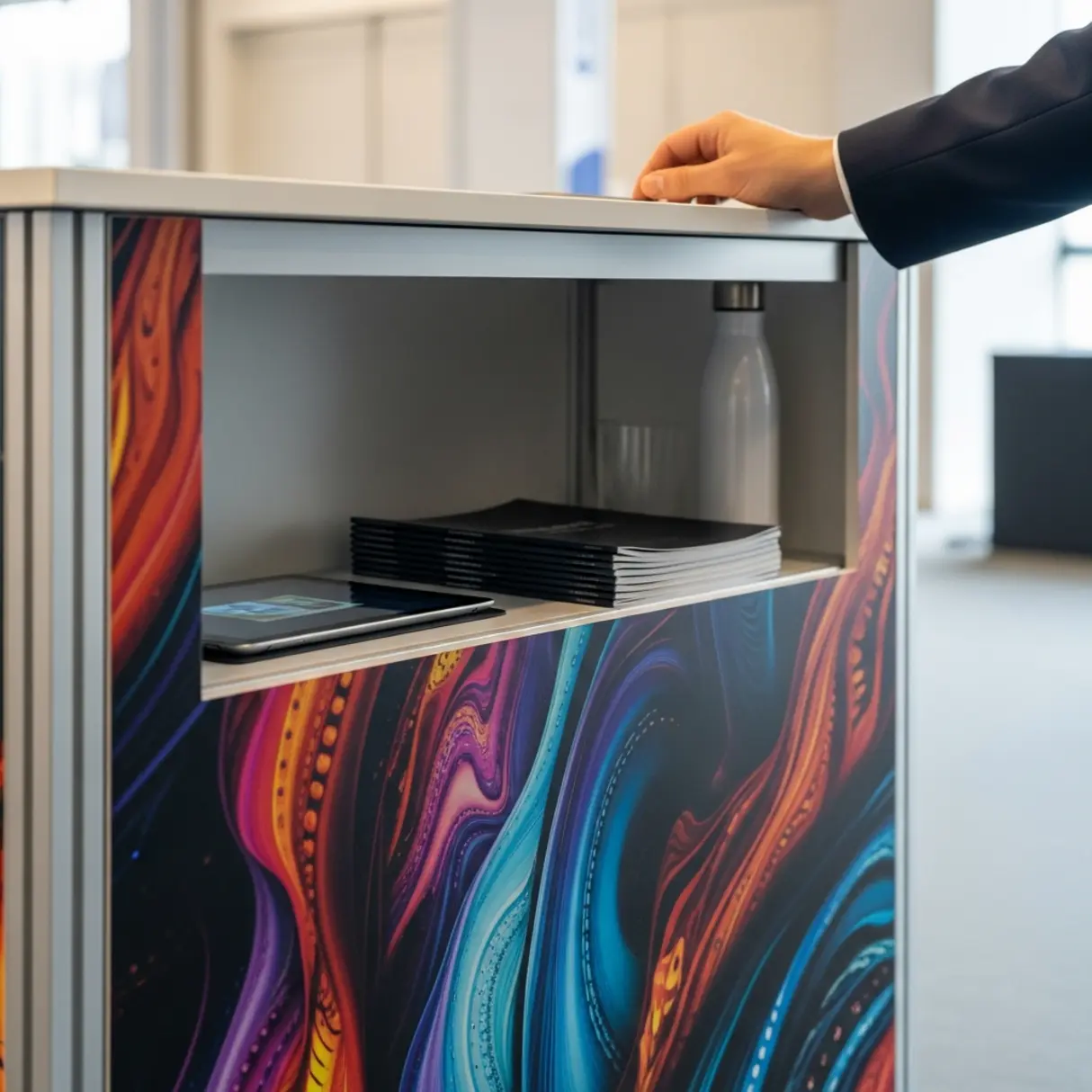 Stoisko promocyjne typu Hop-Up Counta z abstrakcyjną grafiką i ukrytą półką z tabletem, katalogami i wodą.