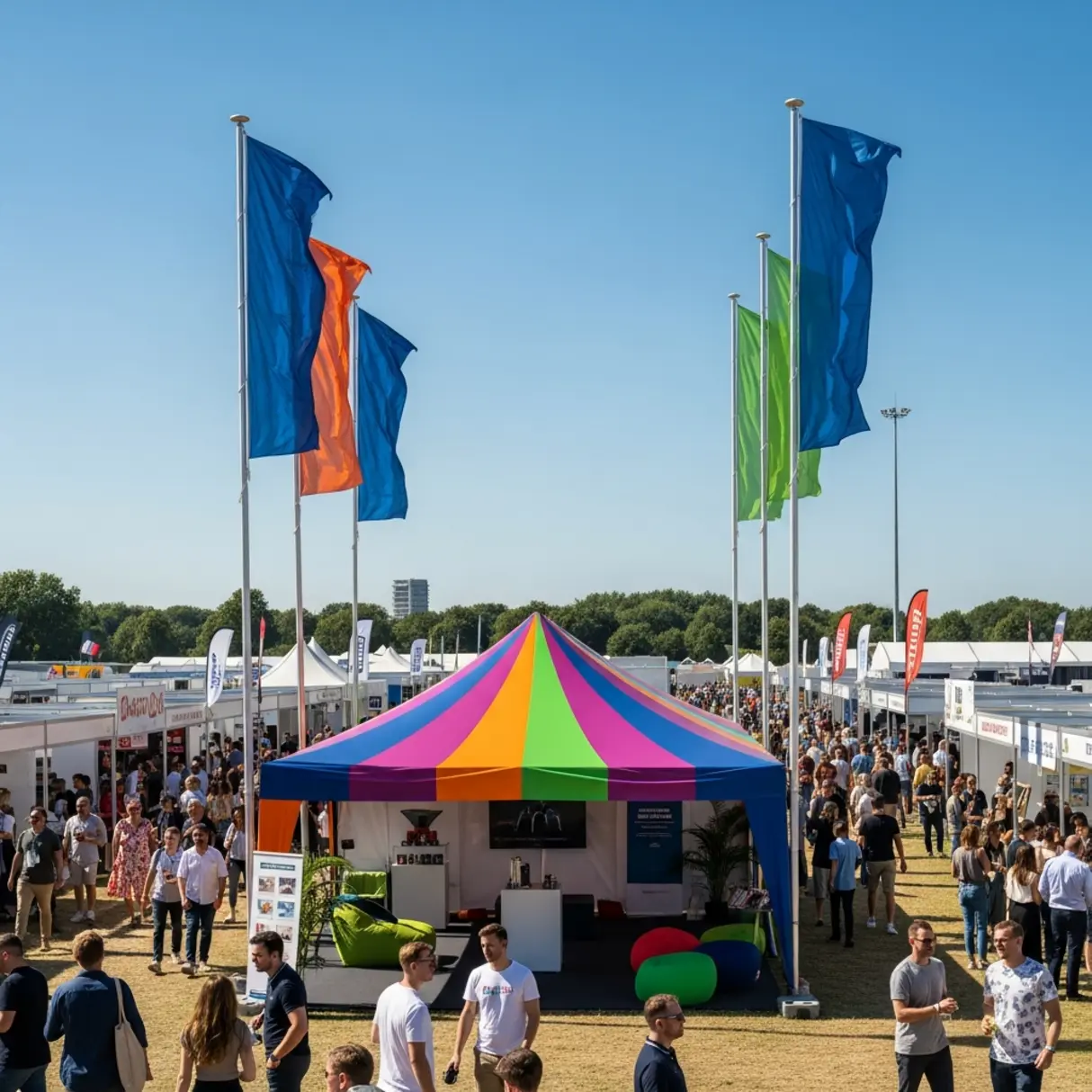 Kolorowy namiot promocyjny na tle tłumu podczas plenerowego festiwalu z wysokimi flagami reklamowymi.