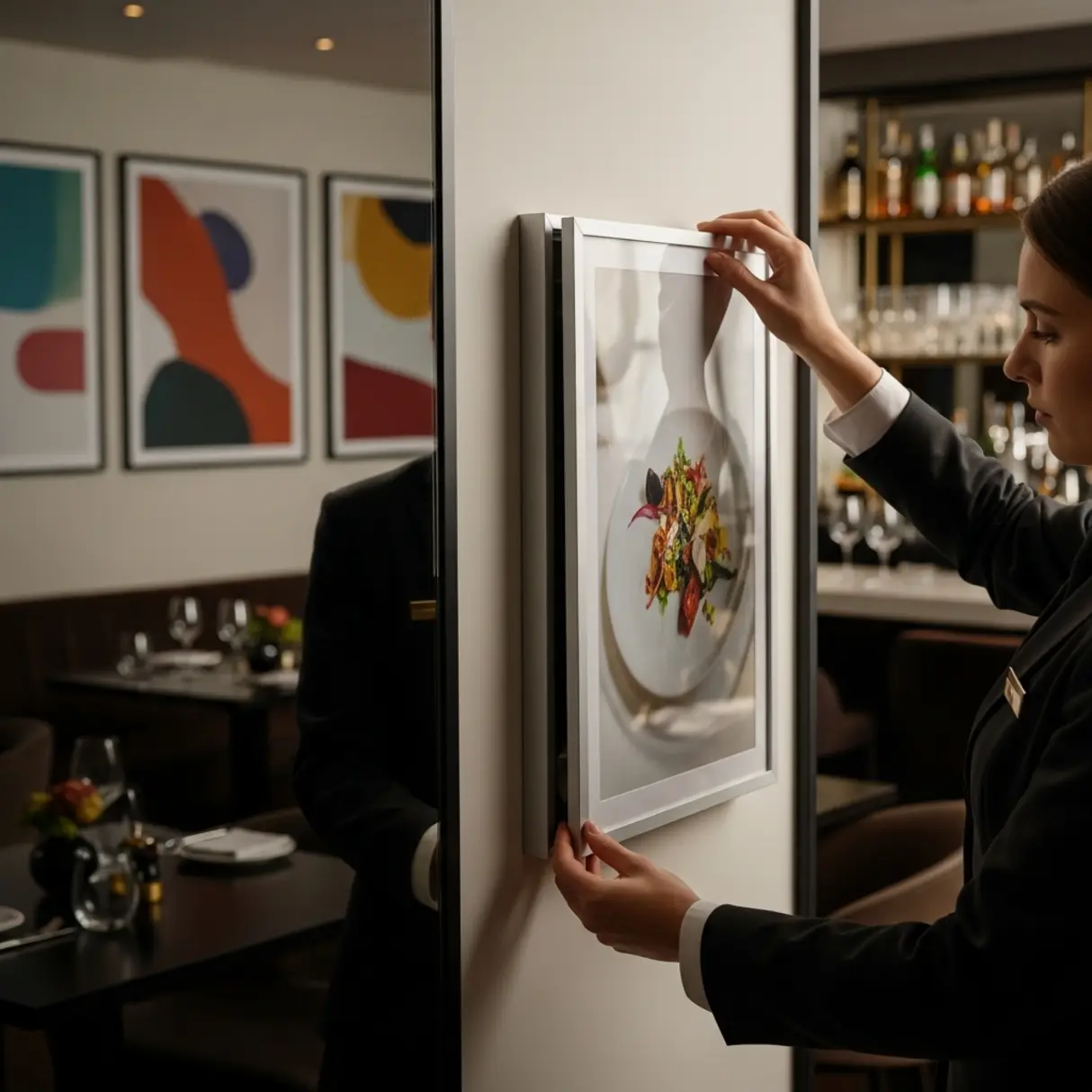 Osoba w eleganckiej restauracji wymienia plakat w ramie zatrzaskowej.