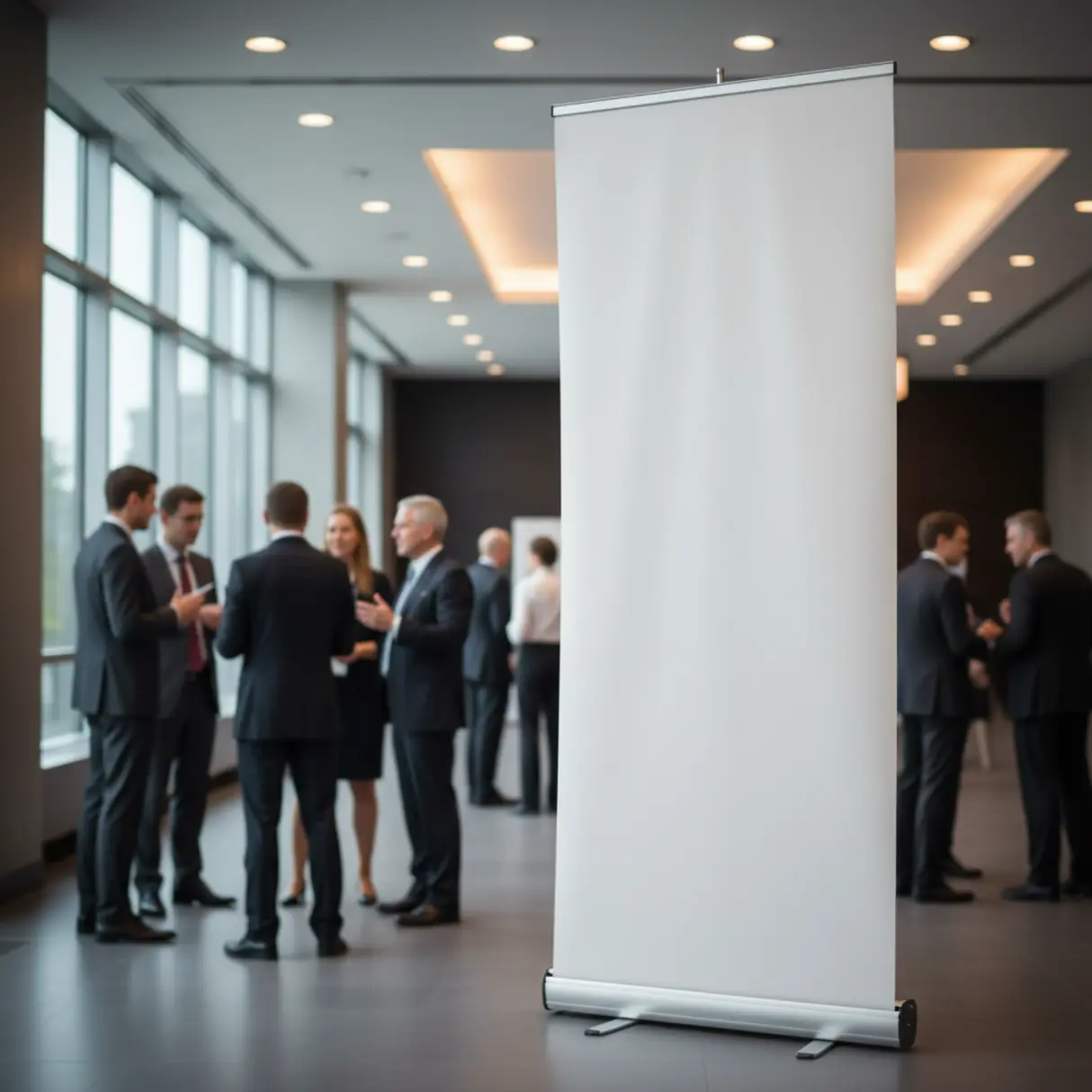 Elegancki, rozwijany baner reklamowy w lobby nowoczesnego centrum konferencyjnego, w tle rozmawiający uczestnicy konferencji.